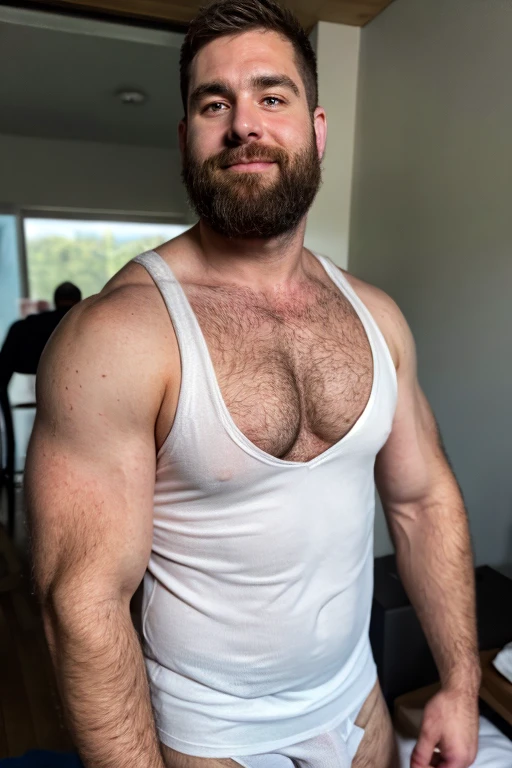 arafed man with a beard and a white tank top, hairy chest and hairy body, hairy chest, very hairy bodies, hairy bodies, hairy shoulders, thick furry neck and chest fluff, furry chest, sparse chest hair, chest hair, full human hairy body, hairy body, bare hairy chest, fluffy chest, hairy torso, very hairy, beefy body, dadbody, big dick, dick bulge
