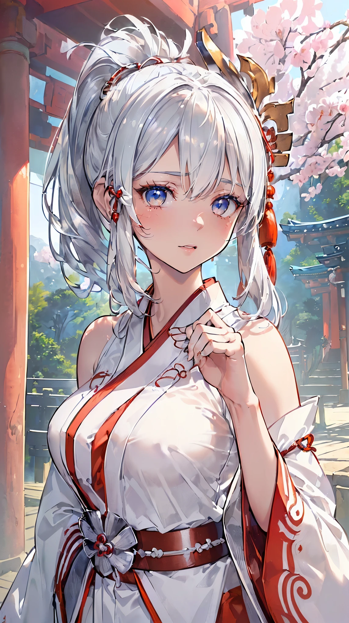 (((Masterpiece))), (((Highest quality))), ((Ultra-detailed)), ((Super fine illustration)), ((Ultra-fine painting)), (16K highest quality wallpaper:1.4), (Upper body:1.6), HDR, (Highly detailed and delicate illustration style:1.8), Detailed skin texture, Detailed cloth texture, Extreme detailed description, (T-masterpiece), (Highly detailed face:1.2), (Highly detailed silver fox ears:1.2), (Highly detailed shiny ponytail:1.2), (Highly detailed beautiful eyes:1.2), (Highly detailed silver nine tails:1.2), Original, RAW photo, Professional, Intricate details, Super details, Direct light:1.6, (Perfect anatomy:1.4), (Highly detailed hands:1.2), (Highly detailed fingers:1.2), (Highly detailed fingertips:1.2), (27-years-old), Real, (Solo:1.6), ((A very beautiful and attractive silver fox model who is a messenger of God and a traditional Japanese sacred shrine maiden:1.4)) BRAKE (Beautiful and adorable silver fox ears:1.8), (Highly detailed and delicate silver fox ears:1.6), (Beautiful and well-shaped big breasts:1.2), (Beautiful and well-shaped buttocks), (Beautiful and shiny silver ponytail:1.6), (Highly detailed and delicate silver ponytail:1.2), (Beautiful clear blue eyes that shine with great detail:1.6), (Highly detailed and delicate blue eyes:1.2), (Highly detailed face:1.4), (Smile:1.3), (Blush:1.2), (Looking at viewer:1.4), (Celebration:1.4), (Standing:1.2) BRAKE ((Brightly white and red colored) and divine traditional shrine maiden costumes at Japanese shrines:1.4), (Japanese divine traditional costume:1.2) BRAKE (Highly detailed and beautiful Ise Grand Shrine in Mie Prefecture just after noon in spring in the background:1.6), (Celebration:1.4), (Cherry blossoms:1.2), Highly beautiful in the sunny sky background just after noon:1.2 BRAKE