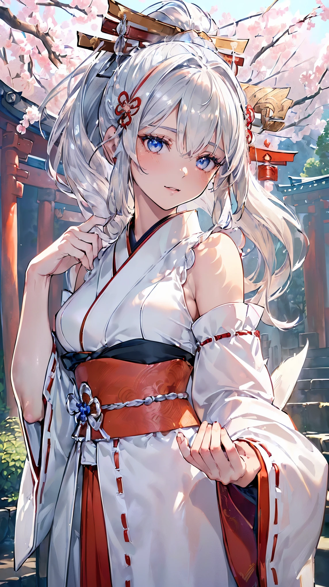 (((Masterpiece))), (((Highest quality))), ((Ultra-detailed)), ((Super fine illustration)), ((Ultra-fine painting)), (16K highest quality wallpaper:1.4), (Upper body:1.6), HDR, (Highly detailed and delicate illustration style:1.8), Detailed skin texture, Detailed cloth texture, Extreme detailed description, (T-masterpiece), (Highly detailed face:1.2), (Highly detailed silver fox ears:1.2), (Highly detailed shiny ponytail:1.2), (Highly detailed beautiful eyes:1.2), (Highly detailed silver nine tails:1.2), Original, RAW photo, Professional, Intricate details, Super details, Direct light:1.6, (Perfect anatomy:1.4), (Highly detailed hands:1.2), (Highly detailed fingers:1.2), (Highly detailed fingertips:1.2), (27-years-old), Real, (Solo:1.6), ((A very beautiful and attractive silver fox model who is a messenger of God and a traditional Japanese sacred shrine maiden:1.4)) BRAKE (Beautiful and adorable silver fox ears:1.8), (Highly detailed and delicate silver fox ears:1.6), (Beautiful and well-shaped big breasts:1.2), (Beautiful and well-shaped buttocks), (Beautiful and shiny silver ponytail:1.6), (Highly detailed and delicate silver ponytail:1.2), (Beautiful clear blue eyes that shine with great detail:1.6), (Highly detailed and delicate blue eyes:1.2), (Highly detailed face:1.4), (Smile:1.3), (Blush:1.2), (Looking at viewer:1.4), (Celebration:1.4), (Standing:1.2) BRAKE ((Brightly white and red colored) and divine traditional shrine maiden costumes at Japanese shrines:1.4), (Japanese divine traditional costume:1.2) BRAKE (Highly detailed and beautiful Ise Grand Shrine in Mie Prefecture just after noon in spring in the background:1.6), (Celebration:1.4), (Cherry blossoms:1.2), Highly beautiful in the sunny sky background just after noon:1.2 BRAKE