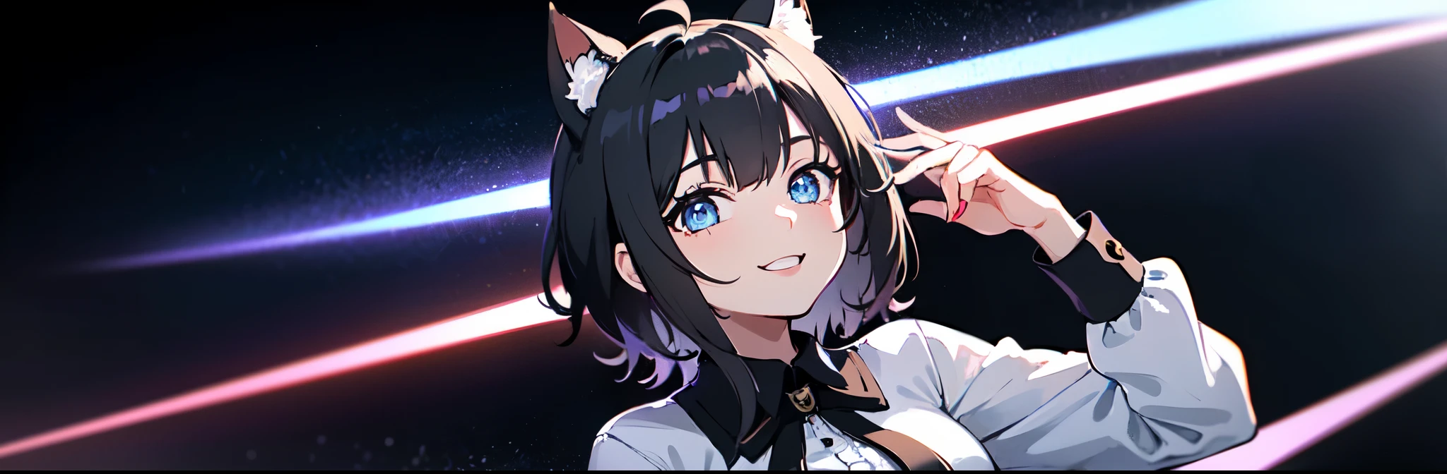 Watching the audience, One girl, Open your mouth, smile, Virtual YouTuber、With a girl、((highest quality, expensive_solve, Clear_image)),(Black Hair), (black cat ears), (Ahoge), (ridiculously short hair), (Wavy Hair), (blue eyes)、Very large breasts,wearing a t-shirt、Held up an assault rifle