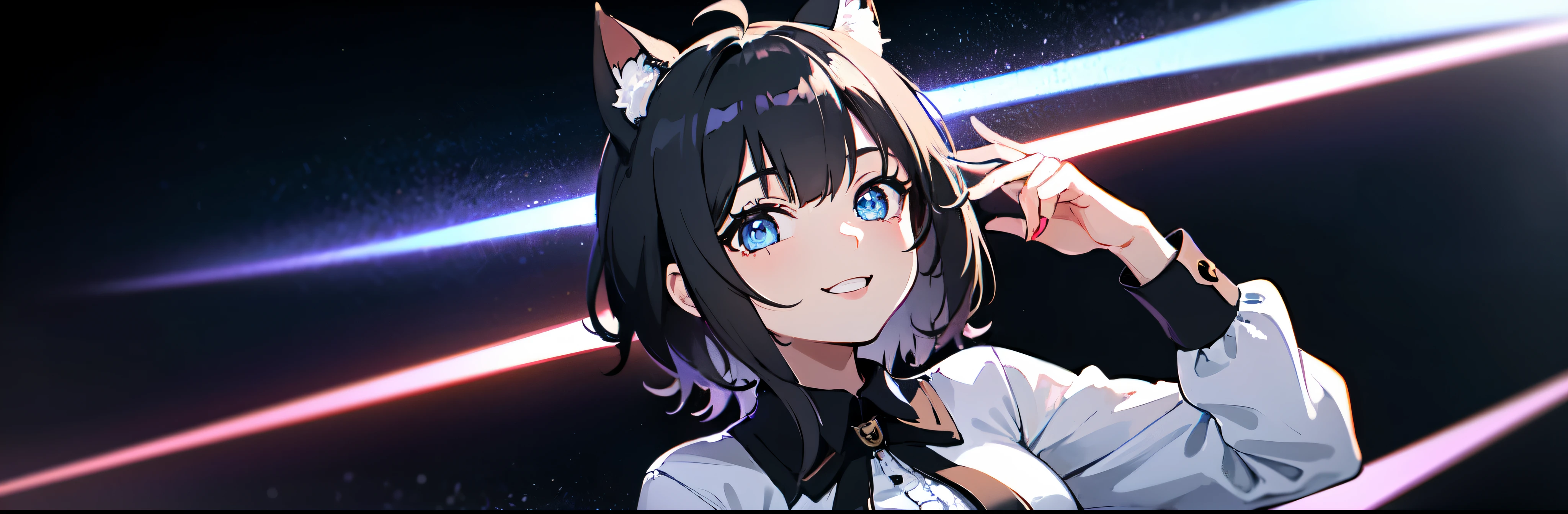 Watching the audience, One girl, Open your mouth, smile, Virtual YouTuber、With a girl、((highest quality, expensive_solve, Clear_image)),(Black Hair), (black cat ears), (Ahoge), (ridiculously short hair), (Wavy Hair), (blue eyes)、Very large breasts,wearing a t-shirt、Held up an assault rifle