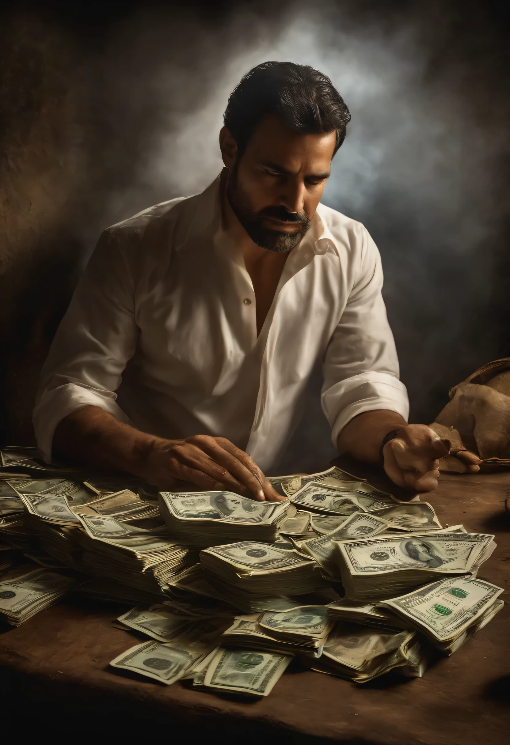 Homem lutando contra dinheiro, oil painting, pinceladas duras, dramatic lighting, Intense expression, Olhos determinados, segurar punhos, suor escorrendo pelo rosto, terno enrugado, Correntes quebradas, Ruined dollar bills, Ruined stock market chart, Smoke rises in the background, preto e branco com um toque de ouro, Realismo. (melhor qualidade, high resolution, ultra-detalhado), (realista:1.37), profissional, cores vivas.