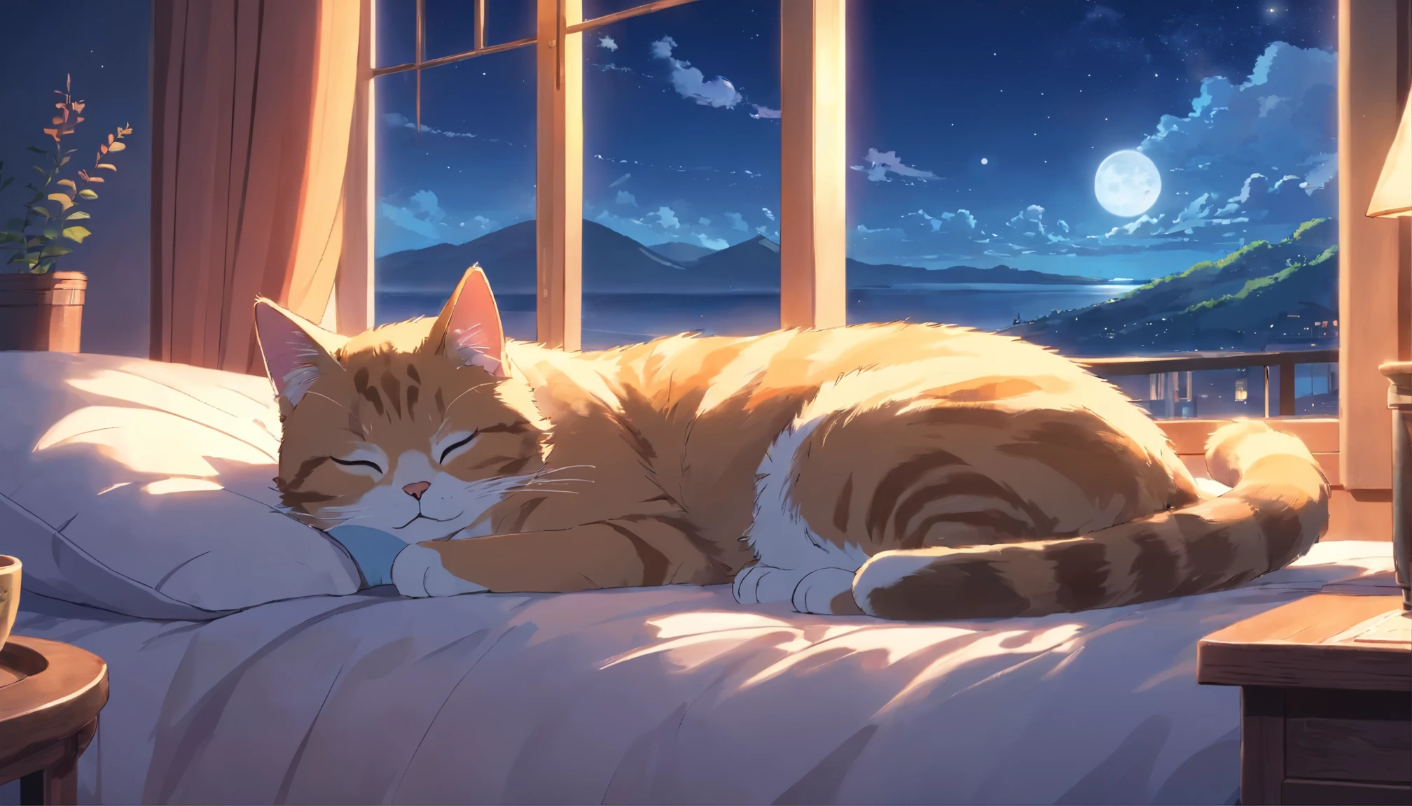 Cat sleeping on a pillow, steaming tea, ,Beautiful landscape window, Night Sky, moon.british shorthair