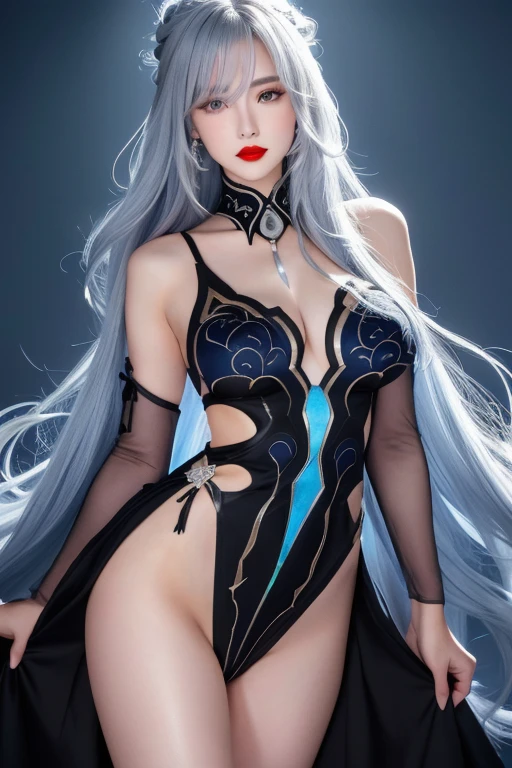Anime Style、White skin、Gray Hair、Long Hair、Blue vein hair、Upward、Large and noticeable、Colorful gas expression、Captivating big 、feminine、High-frequency detail (((Sharpness)))、((Focus Sharp: 1.2 ) )、Pueros Face_v1: 0.7)、(8k、highest quality)、Very large chest light)))、Beautiful lighting、Highly detailed face、well drawn hands、Well drawn legs、Well drawn legs、Exposed chest、(masterpiece) : 1、2)、highest quality、masterpiece、High resolution、Original and detailed wallpapers、information: upper class、Business service、Red lipstick and black lips、dark red lipstick、dark red lipstick、ear piercing、Expensive Gemstones、Black Dress、tight black dress、Black bodysuit、A black dress that covers the shoulders and neck