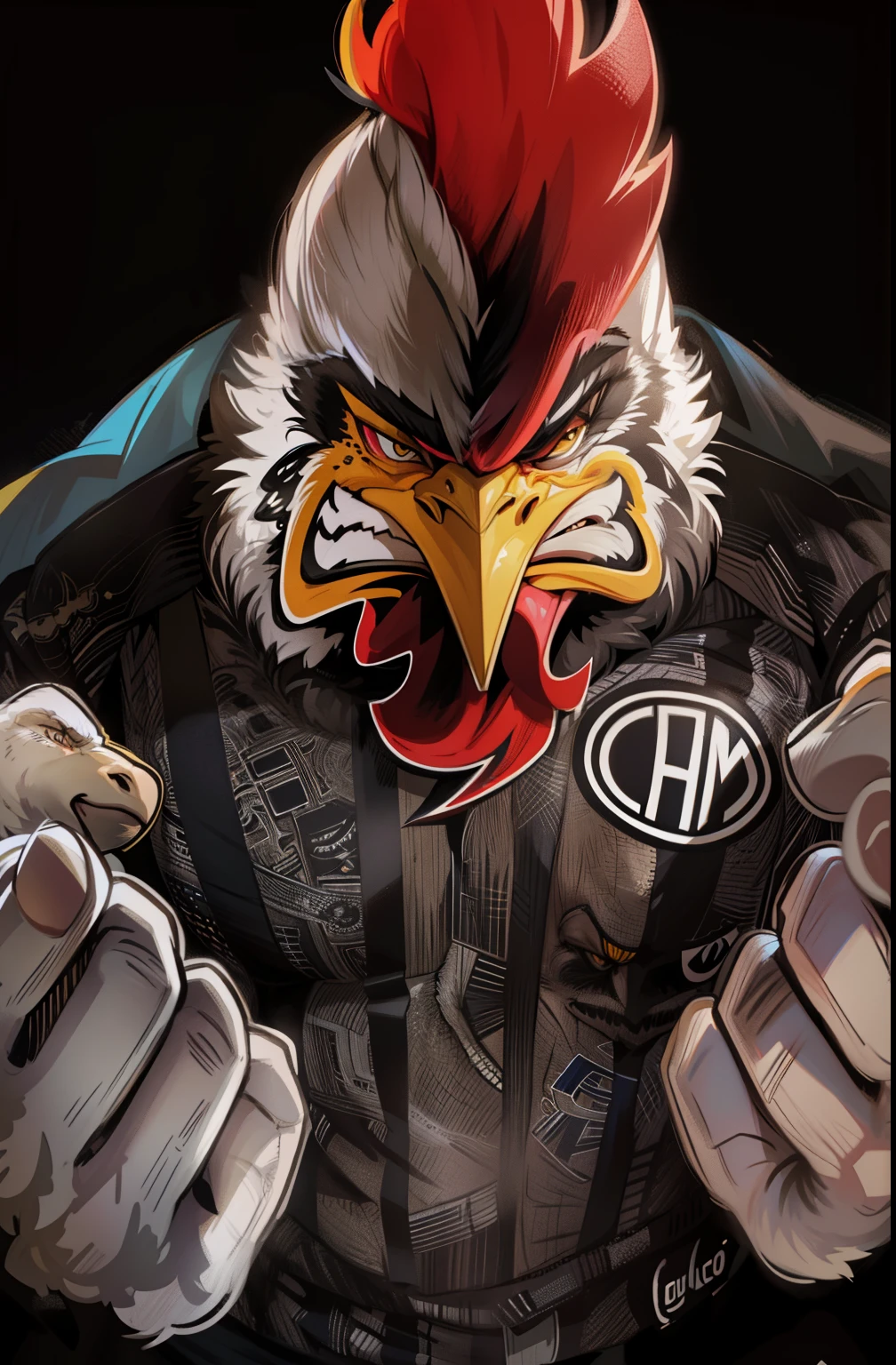 um close de um homem com cara de galinha no peito, o homem galinha, galinha antropomorfizada, illustration of an angry galo, galo!!!!, galo, illustration of a galo, the king of galo, convencido smirk, mascote do futebol, convencido expression, convencido, mascot illustration, arte oficial hdr, mascote do time esportivo