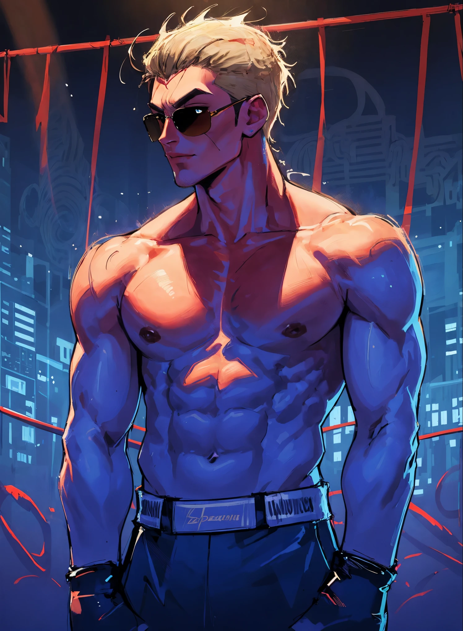realistic,(masterpiece,top Quority,Best quality,Official art,Beauty:1.2),He is very detailed,s fractal art,Color,more detailed,zentangle,(Abstract backgrounds:1.5)(1:1.3),hair light blonde,Short detailed hair,(blue sunglasses, tall and strong,Abistic,Handsome man, a man with a boxing glove on his chest and a red light behind him is a ring of ropes, Choi Buk, rossdraws global illumination , concept art, sots art