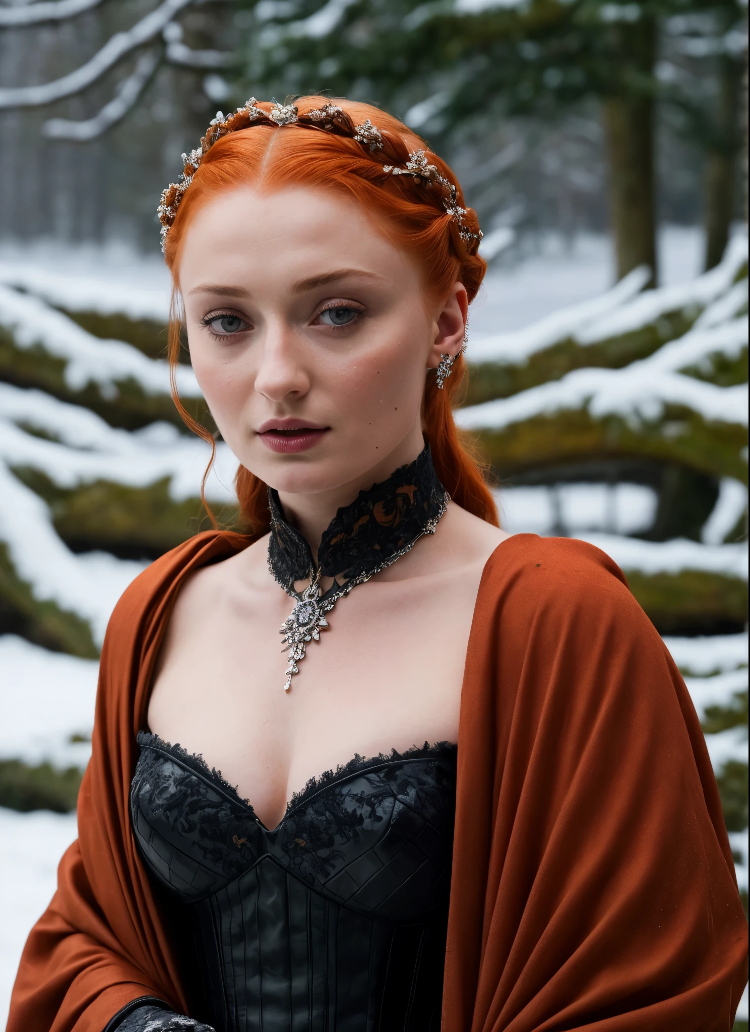 Face of Sophie Turner, Sansa Stark played by Sophie Turner, the de facto Lady of the Eyrie, is a 40-year-old mature queen with a stunning, alluring appearance. Full Face, pierced eyes, reddish lips, upper body shot, erotic Mediaeval costumes, game of thrones costumes, She wears a Game of Thrones-inspired costume and has a deep cleavage, a perfect thick body, and a perfect thick figure. The photograph captures her in a close-up, with her skin texture and facial features being ultra-realistic and realistic. Juicy thick figure, high quality skin, Skin pores, amazing details, snow, snow flakes, semi realistic, extremely detailed eyes, dark moody orange and black settings, cool environment, artificial intelligence