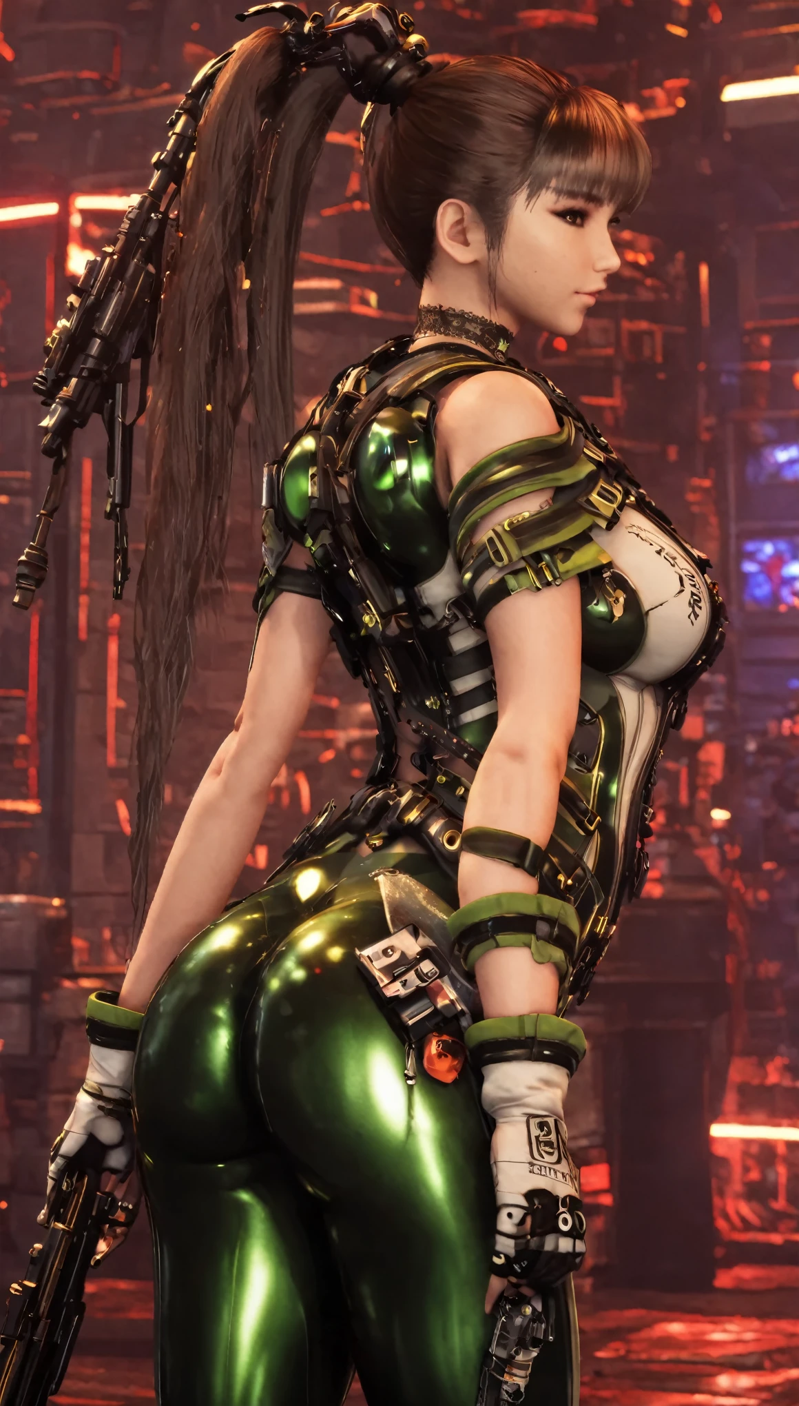 Eve, Stellar Blade, big breast, thicc thighs, curvy, 1girl,solo,heavy makeup,cute,earrings,ring braid,(lewd smile:1.1),holding submachine gun,ponytail,idol,hooker,military uniform,(battleground:1.1), showing back, big buttocks, 