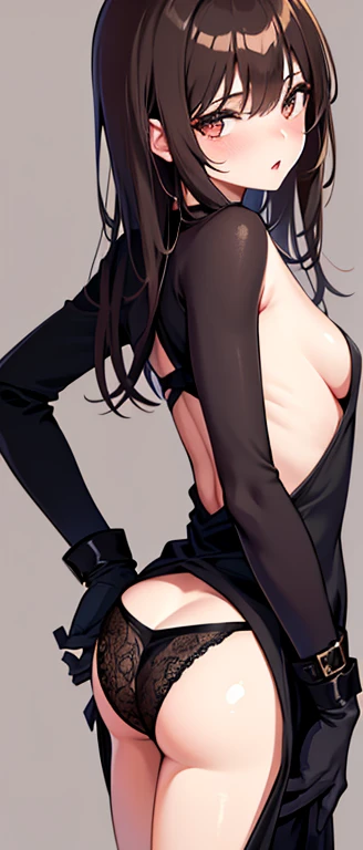 Single girl, 20 ans,cheveux moyens, dark brown hair, yeux marrons, dans une tenue sexy et sexy puis nue