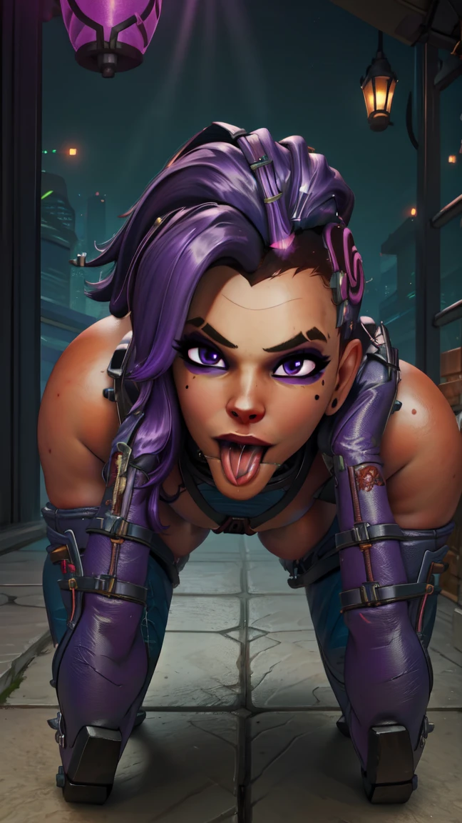 sombra, purple hair,  purple eyes,  mole under eye, open mouth, tongue out, winking
elbow gloves, slutty microbikini, nsfw   light smile,small breasts, thicc_ass, sexy pose
looking at viewer, jack-o-pose, hands and knees, bending over
night, city,  indoors, 
(insanely detailed, beautiful detailed face, beautiful detailed eyes, masterpiece, best quality),solo, 
cyberpunk,  