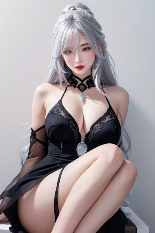 Anime Style、White skin、Gray Hair、Long Hair、Blue vein hair、Upward、Large and noticeable、Colorful gas expression、Captivating big 、feminine、High-frequency detail (((Sharpness)))、((Focus Sharp: 1.2 ) )、Pueros Face_v1: 0.7)、(8k、highest quality)、Very large chest light)))、Beautiful lighting、Highly detailed face、well drawn hands、Well drawn legs、Well drawn legs、Exposed chest、(masterpiece) : 1、2)、highest quality、masterpiece、High resolution、Original and detailed wallpapers、information: upper class、Business service、Red lipstick and black lips、dark red lipstick、dark red lipstick、ear piercing、Expensive Gemstones、Black Dress、tight black dress、Black bodysuit、A black dress that covers the shoulders and neck、Modern apartment background、Modern apartment background、Expensive necklace