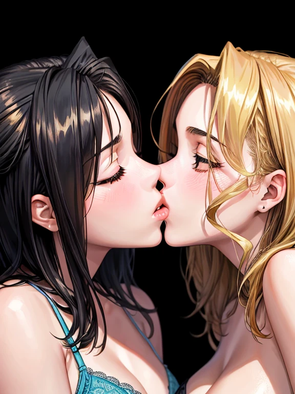 masterpiece, quality, A high resolution,((( 2 girls))), ((Yuri)), ((this kiss:1.4)), giving a hot kiss, in the bedroom, sexy lingerie, big