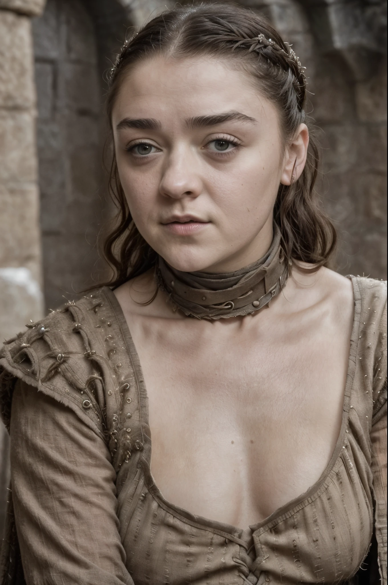Foto RAW, RAW photograph of Maisie Williams, Roman Slave dress, toga dress, Arya Stark, 45 years old Woman, big natural breast, curvy, thick mature figure, motherly figure, incredible skin texture, skin pores, sweat, Extremely gorgeous lady, Arya Stark PLAYED BY MAISIE WILLIAMS, Queen Arya Stark, she  a mature woman now, milf, sexy mediaeval battle dress, gladiator woman, body, 40 years old Woman, body revealing costumes, perky breast, skin pores, big natural breast, erotic costumes, lusty physique, seductive figure can capture every people's attention, Game of thrones costumes, revealing captivating figure, Mediaeval costumes, revealing clothes, A tomboy, she would rather fence than dance, warrior queen , game of thrones screen caps, Game of Thrones Series, (pele altamente detalhada: 1.2), 8k UHD, DSLR, soft-lighting, alta qualidade, grain of film, Fujifilm XT3, flawless picture, highly detailed, detailed Beauty, intricate, 32k, sharp picture,
