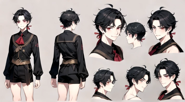 ((masterpiece)),(((best quality))),(character design sheet,same character,front,side,back), Reference sheet of a serious man, short black hair tied with golden bow, red eyes, smiling, black sailor outfit with short shorts, red rose as accessory, detailed face, detailed hair, (simple background, white background: 1.3), beautiful boy, man, manwha man, cool man