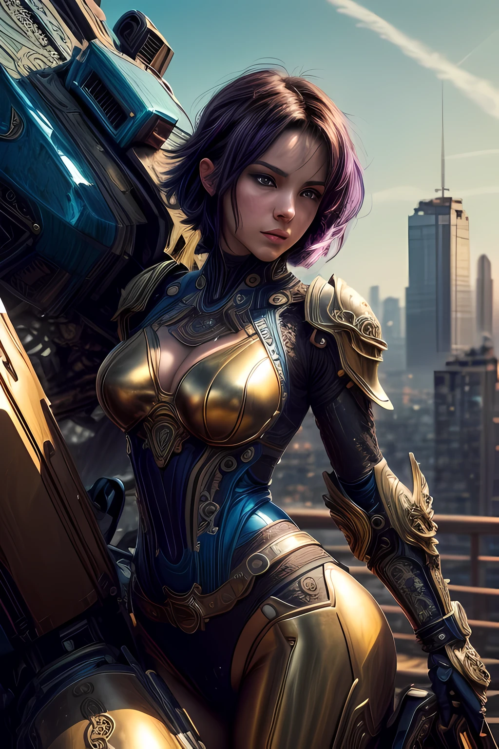 high details, best quality, 16k, [ultra detailed], masterpiece, best quality, mecha musume (extremely detailed), dynamic angle, ultra wide shot, RAW, photorealistic, realistic art, a picture of mech Faye Valentine from Bebop Cowboy (intricate details, Masterpiece, best quality: 1.5) riding motorcycle, wearing yellow armor, (intricate details, Masterpiece, best quality: 1.4), leather boots, thick hair, short hair, purple hair, intense (blue: 1.3) eyes, futuristic urban background sun light, golden light. dynamic angle, (intricate details, Masterpiece, best quality: 1.5) , 2.5 rendering, high details, best quality, highres, ultra wide angle