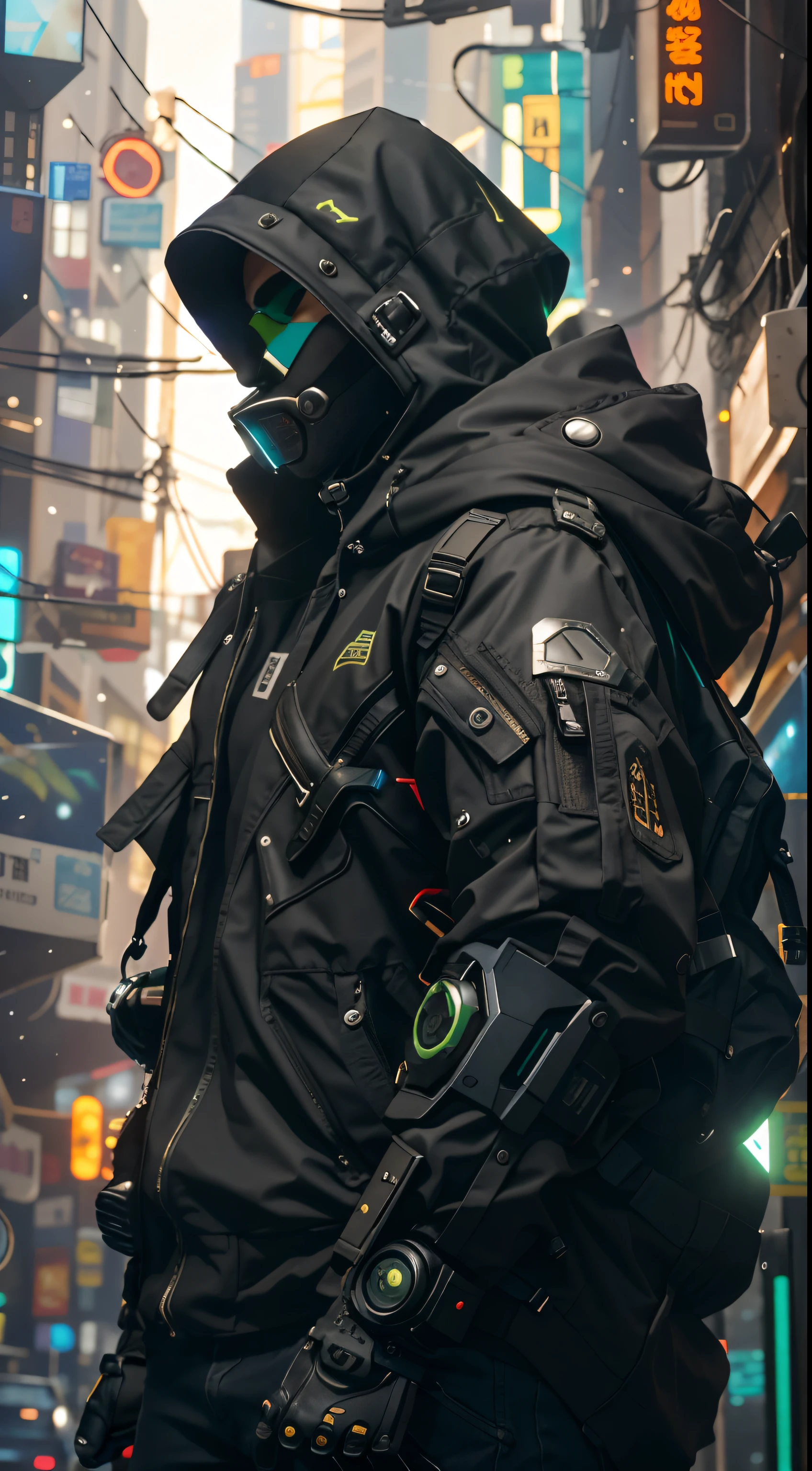 There was a man wearing black and green clothes and carrying a backpack, cyberpunk streetwear, cyberpunk suit, cyberpunk street goon, cyberpunk wearing, cyberpunk techwear, muted cyberpunk style, has cyberpunk style, cyber punk style, wearing cyberpunk streetwear, cyberpunk soldier, Hyper-realistic cyberpunk style, cyberpunk character design, all black cyberpunk clothes, cyberpunk character art, Raven in cyber armor,Landscape desktop wallpaper