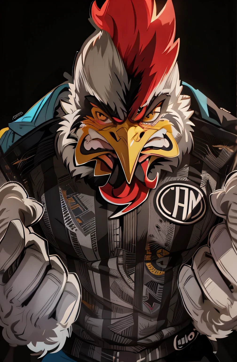 um close de um homem com cara de galinha no peito, o homem galinha, galinha antropomorfizada, illustration of an angry galo, galo!!!!, galo, illustration of a galo, the king of galo, convencido smirk, mascote do futebol, convencido expression, convencido, mascot illustration, arte oficial hdr, mascote do time esportivo