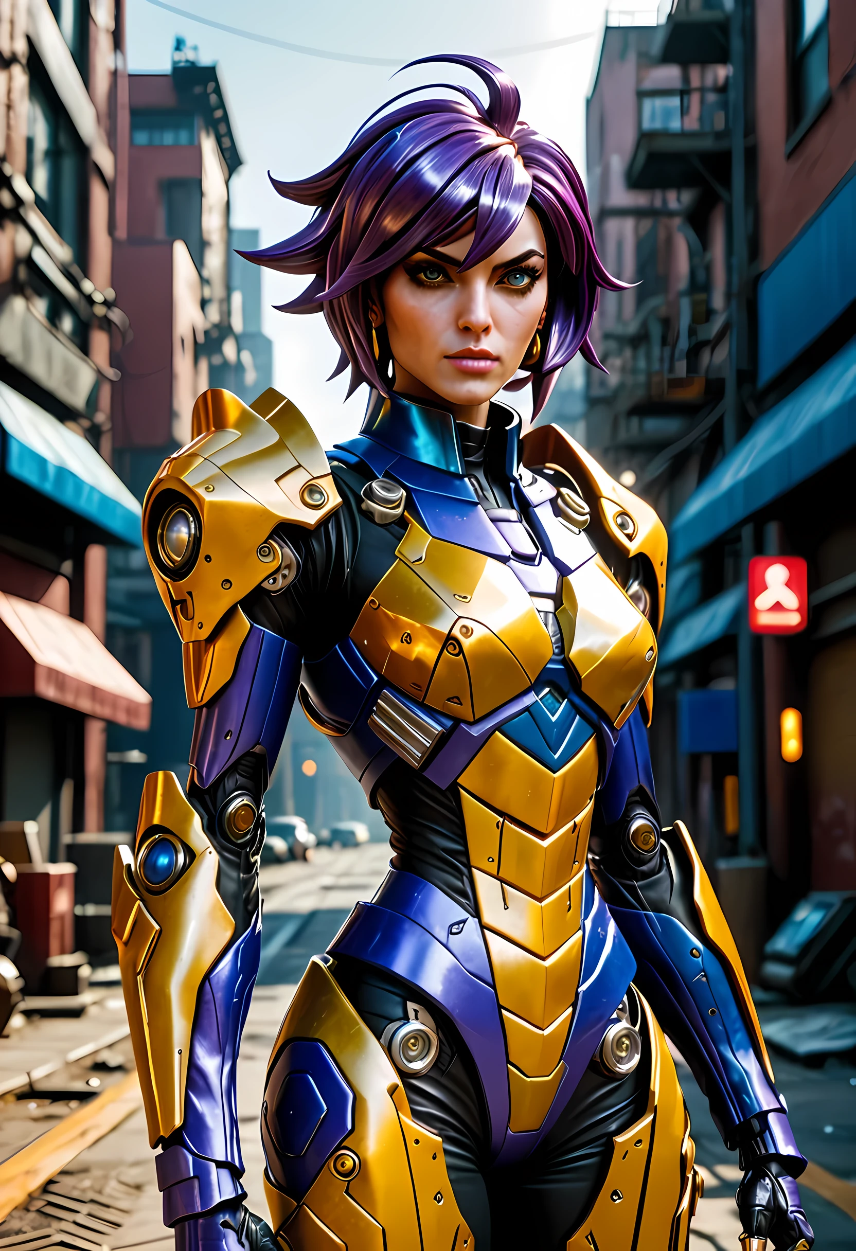 high details, best quality, 16k, [ultra detailed], masterpiece, best quality, (extremely detailed), dynamic angle, ultra wide shot, RAW, photorealistic, realistic art, a picture of mech Faye Valentine from Bebop Cowboy (intricate details, Masterpiece, best quality: 1.5) riding motorcycle, wearing yellow armor, (intricate details, Masterpiece, best quality: 1.4), leather boots, thick hair, short hair, purple hair, intense (blue: 1.3) eyes, futuristic urban background sun light, golden light. dynamic angle, (intricate details, Masterpiece, best quality: 1.5) , 2.5 rendering, high details, best quality, highres, ultra wide angle