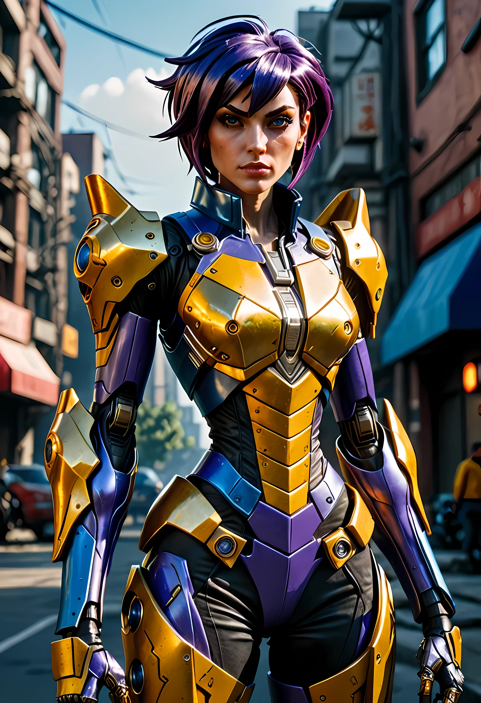 high details, best quality, 16k, [ultra detailed], masterpiece, best quality, (extremely detailed), dynamic angle, ultra wide shot, RAW, photorealistic, realistic art, a picture of mech Faye Valentine from Bebop Cowboy (intricate details, Masterpiece, best quality: 1.5) riding motorcycle, wearing yellow armor, (intricate details, Masterpiece, best quality: 1.4), leather boots, thick hair, short hair, purple hair, intense (blue: 1.3) eyes, futuristic urban background sun light, golden light. dynamic angle, (intricate details, Masterpiece, best quality: 1.5) , 2.5 rendering, high details, best quality, highres, ultra wide angle