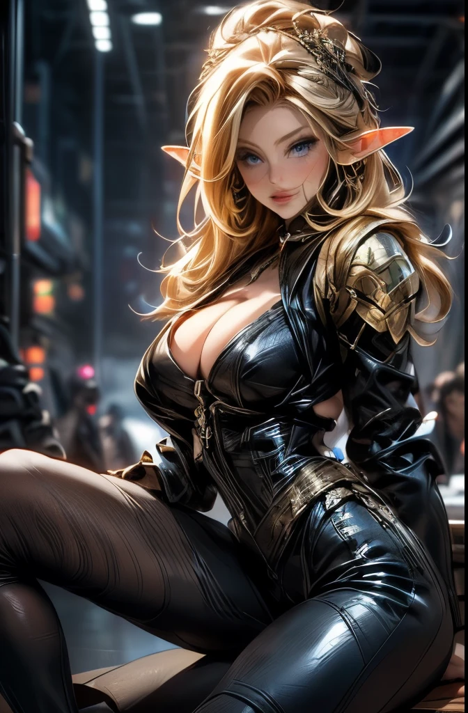 POV: ((((elf girl, large , cleawing)))) blonde hair, leather corset battle armor thigh high boots with lots of straps buckles and zippers, skinny, slim thick, small waist, 8k, UHD, (accentuated super huge enormously gigantic , spreading her legs open, arching her back in a sexy seductislutty pose), enchanted forest background