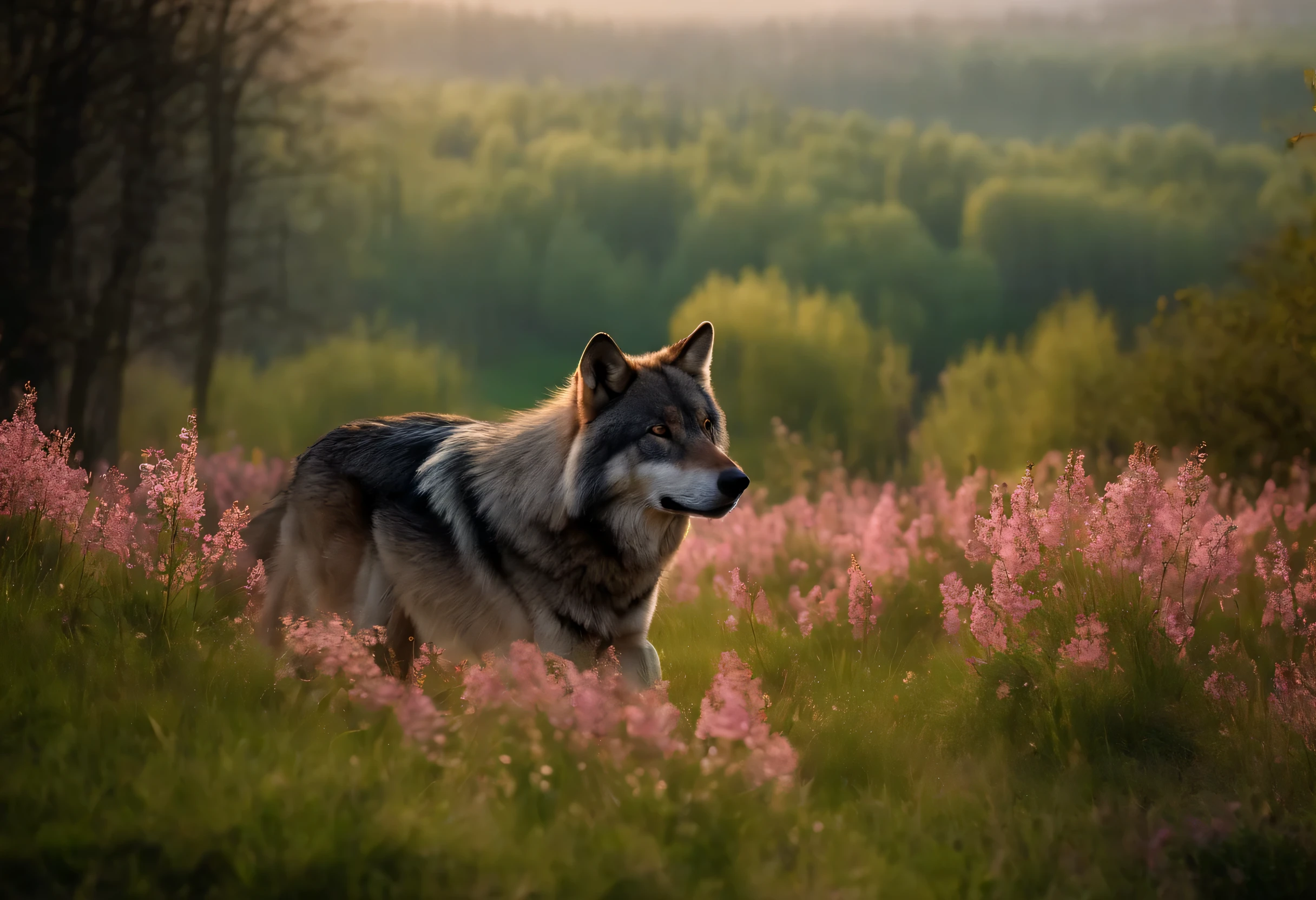 (light morning fog in the distance):1.2335, (POV:1.4), First-person view from a high cliff, a large black and gray wolf looks down, a spring meadow with the first spring flowers and young green grass stretches in front of him, the first spring insects circle over the flowers, trees and shrubs grow on the edge of the clearing, spring flowers on the trees, green buds swell in the bushes, early vesta, morning, the sun is just beginning to rise on the distant horizon, coloring the sky pinkish, Spring Morning, Beautiful Spring Morning, palette of early spring morning, (masterpiece:1.305), (high resolution:1.305), 32k, (digital art:1.1), texture smoothing