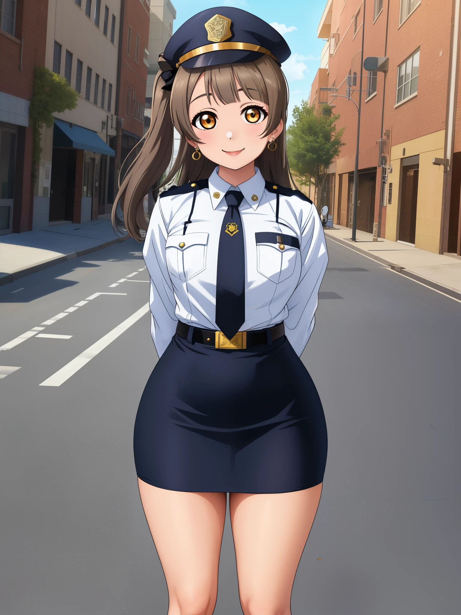 Masterpiece, best quality,solo, (detailed face), minami kotori, curvy body, smile ,white shirt,half sleeves,earrings, pencil skirt, necktie , standing,police cap,in street,looking at viewer, cowboy shot, thighs, wide hips , arms behind back ,solo focus ,belt