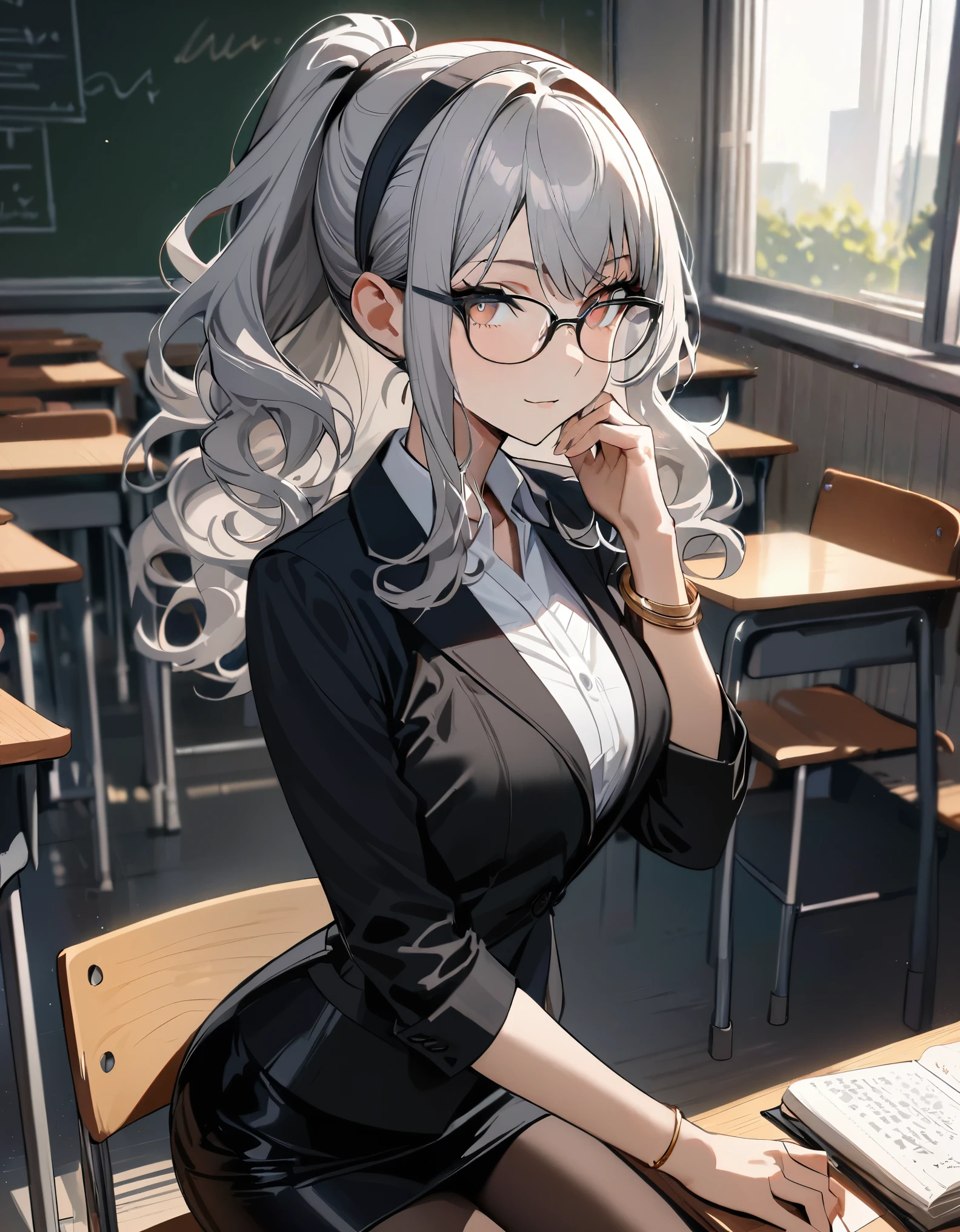 masterpiece, best quality, 1girl, grey hair, ponytail, shoulder length hair, wavy hair, black hairband, auburn eyes, beautiful detailed eyes, beautiful detailed face, cute face, stoic, professional, teacher, black suit, glasses, black skirt, pencil skirt, miniskirt, full pantyhose, gold bracelets, shoes, classroom, warm lighting.