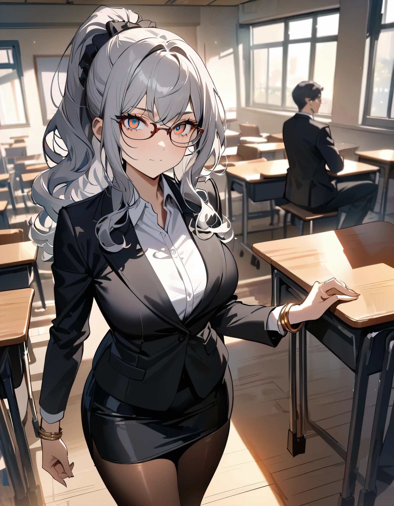 masterpiece, best quality, 1girl, grey hair, ponytail, shoulder length hair, wavy hair, black hairband, auburn eyes, beautiful detailed eyes, beautiful detailed face, cute face, stoic, professional, teacher, black suit, glasses, black skirt, pencil skirt, miniskirt, full pantyhose, gold bracelets, shoes, classroom, warm lighting. 