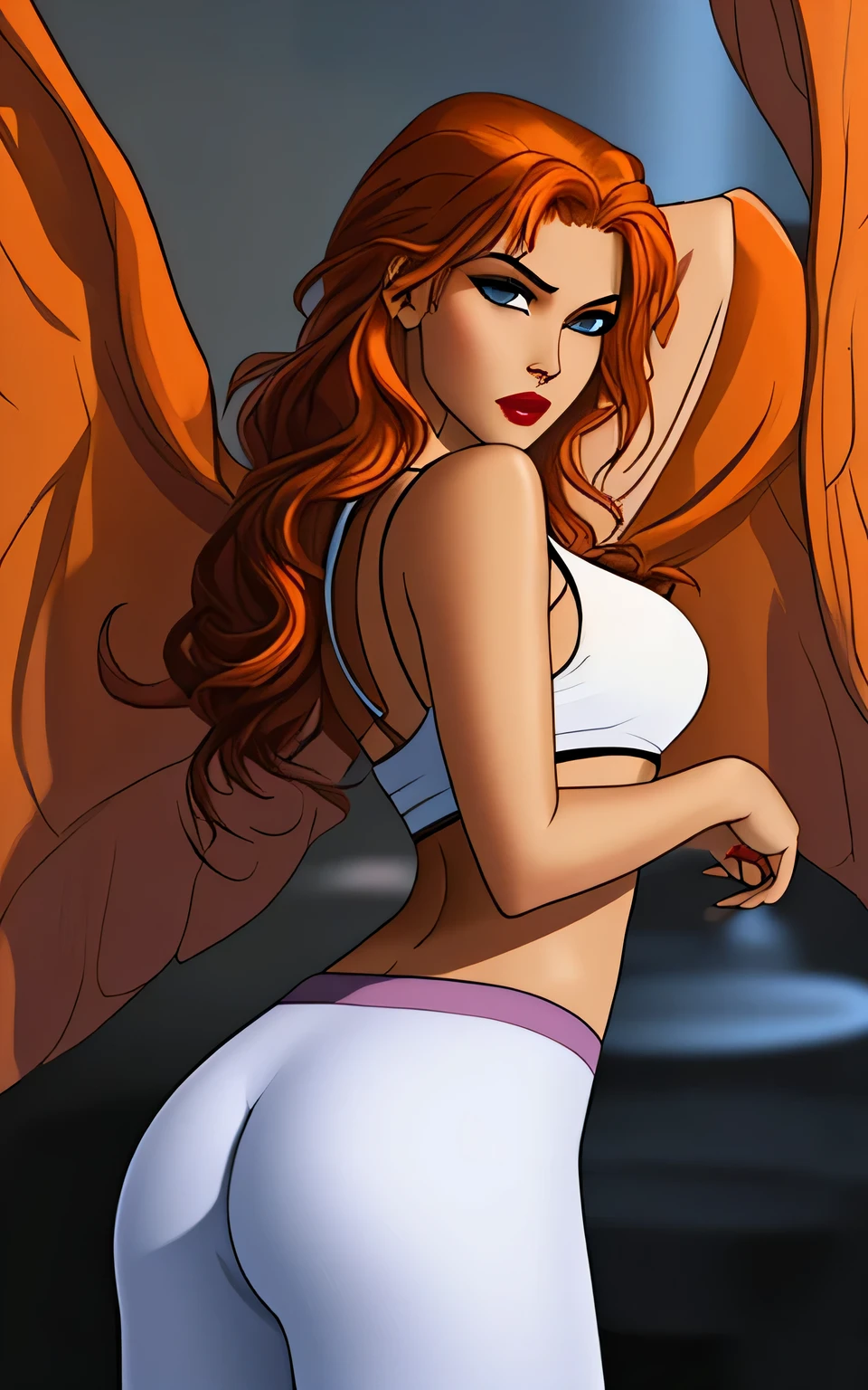 a beautiful girl,  beautiful face, sexy pose, looking back at viewer, (hyperrealism, soft light, sharp:1.2), (intricate details:1.12), hdr, (intricate details, hyperdetailed:1.15), (cinematic look:1.4), soothing tones, insane details, intricate details, low contrast, exposure blend, hdr, faded, (leibovitz:0.6), Shayera, dark orange hair, long hair, long bird wings, navel, wearing white crop top
