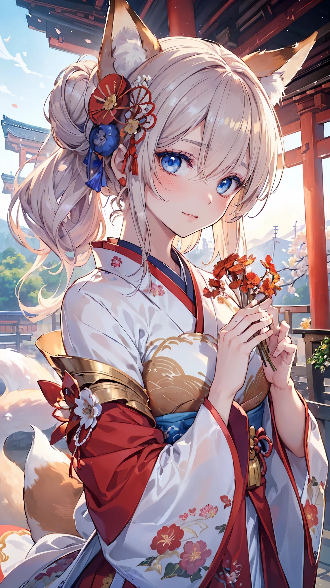 (((Masterpiece))), (((Highest quality))), ((Ultra-detailed)), ((Super fine illustration)), ((Ultra-fine painting)), (16K highest quality wallpaper:1.4), (Upper body:1.6), HDR, (Highly detailed and delicate illustration style:1.8), Detailed skin texture, Detailed cloth texture, Extreme detailed description, (T-masterpiece), (Highly detailed face:1.2), (Highly detailed fox ears:1.2), (Highly detailed shiny golden brown half updo:1.2), (Highly detailed clear blue eyes:1.2), Original, RAW photo, Professional, Intricate details, Super details, Direct light:1.6, (Perfect anatomy:1.4), (Highly detailed hands:1.2), (Highly detailed fingers:1.2), (Highly detailed fingertips:1.2), (27-years-old), Real, (Solo:1.8), ((A very beautiful and attractive fox fashion model with blue eyes wearing a bright red furisode with a floral pattern:1.4)) BRAKE (Beautiful and adorable fox ears:1.6), (Highly detailed and delicate fox ears:1.4), (Beautiful and well-shaped big breasts:1.2), (Beautiful and well-shaped buttocks), (Beautiful and shiny golden brown half updo:1.4), (Highly detailed and delicate golden brown half updo:1.2), (Beautiful clear blue eyes that shine with great detail:1.6), (Highly detailed and delicate blue eyes:1.2), (Highly detailed face:1.4), (Smile:1.5), (Blush:1.4), (Looking at viewer:1.4), (Celebration:1.4) BRAKE (Bright red furisode with floral pattern:1.4), (Japanese traditional costume:1.2) BRAKE (Concept art:1.2), (Detailed fantasy art:1.2) BRAKE (Highly detailed and delicate Ise Grand Shrine in Mie Prefecture in the background just after noon in spring:1.6), (Celebration:1.4), Ise Grand Shrine:1.4, Torii gate of Ise Shrine:1.4, cherry blossoms:1.2, Very beautiful in the sunny sky background just after noon:1.4 BRAKE