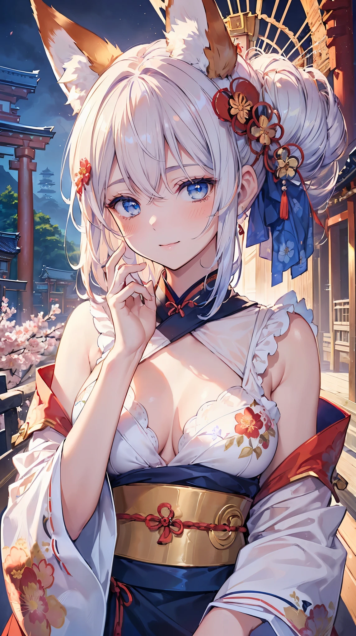 (((Masterpiece))), (((Highest quality))), ((Ultra-detailed)), ((Super fine illustration)), ((Ultra-fine painting)), (16K highest quality wallpaper:1.4), (Upper body:1.6), HDR, (Highly detailed and delicate illustration style:1.8), Detailed skin texture, Detailed cloth texture, Extreme detailed description, (T-masterpiece), (Highly detailed face:1.2), (Highly detailed fox ears:1.2), (Highly detailed shiny golden brown half updo:1.2), (Highly detailed clear blue eyes:1.2), Original, RAW photo, Professional, Intricate details, Super details, Direct light:1.6, (Perfect anatomy:1.4), (Highly detailed hands:1.2), (Highly detailed fingers:1.2), (Highly detailed fingertips:1.2), (27-years-old), Real, (Solo:1.8), ((A very beautiful and attractive fox fashion model with blue eyes wearing a bright red furisode with a floral pattern:1.4)) BRAKE (Beautiful and adorable fox ears:1.6), (Highly detailed and delicate fox ears:1.4), (Beautiful and well-shaped big breasts:1.2), (Beautiful and well-shaped buttocks), (Beautiful and shiny golden brown half updo:1.4), (Highly detailed and delicate golden brown half updo:1.2), (Beautiful clear blue eyes that shine with great detail:1.6), (Highly detailed and delicate blue eyes:1.2), (Highly detailed face:1.4), (Smile:1.5), (Blush:1.4), (Looking at viewer:1.4), (Celebration:1.4) BRAKE (Bright red furisode with floral pattern:1.4), (Japanese traditional costume:1.2) BRAKE (Concept art:1.2), (Detailed fantasy art:1.2) BRAKE (Highly detailed and delicate Ise Grand Shrine in Mie Prefecture in the background just after noon in spring:1.6), (Celebration:1.4), Ise Grand Shrine:1.4, Torii gate of Ise Shrine:1.4, cherry blossoms:1.2, Very beautiful in the sunny sky background just after noon:1.4 BRAKE