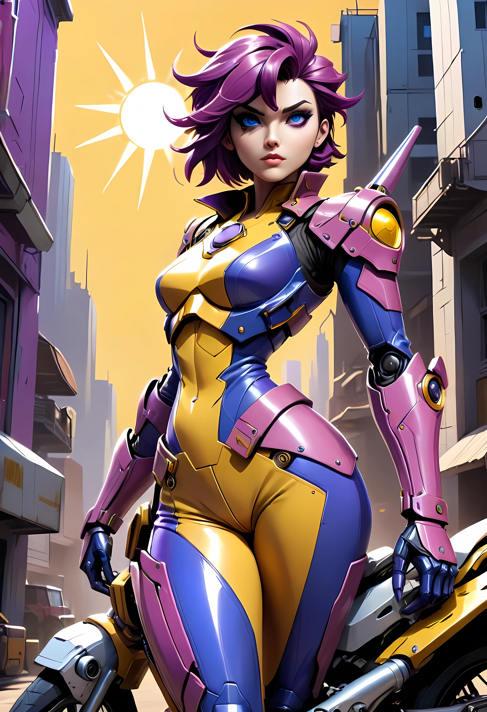 high details, best quality, 16k, [ultra detailed], masterpiece, best quality, (extremely detailed), dynamic angle, ultra wide shot, RAW, photorealistic, realistic art, a picture of mech Faye Valentine from Bebop Cowboy (intricate details, Masterpiece, best quality: 1.5) riding motorcycle, wearing yellow armor, (intricate details, Masterpiece, best quality: 1.4), leather boots, thick hair, short hair, purple hair, intense (blue: 1.3) eyes, futuristic urban background sun light, golden light. dynamic angle, (intricate details, Masterpiece, best quality: 1.5) , 2.5 rendering, high details, best quality, highres, ultra wide angle