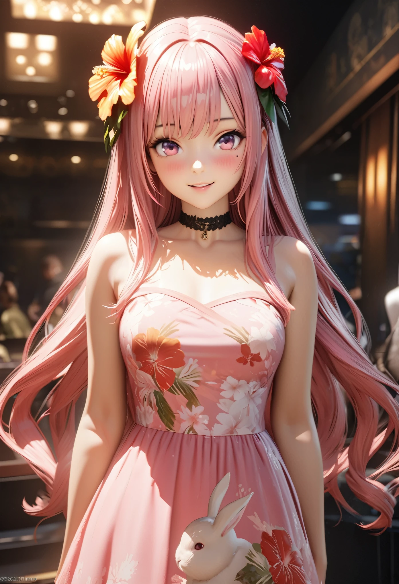 Masterpiece, Best Quality, Super Detailed, High Definition, Expensive Resolution, HDR, 4k, 8K, Unity 8k Wallpaper, Super Detailed CG, Masterpiece, Realistic, 2D, 3D, Beautiful Details, Depth, Fine Texture, Super Fine: 1.3, Complete concentration, crispy skin, him, a very cute anime rabbit, cute idol-like rabbit, expensive pink long hair, one girl, Hawaiian dress, hibiscus hair ornament, smiling long pink hair, whole body, mole under the eye, line of sight , expensive, blush, parted lips, heart, pink eyes, choker
