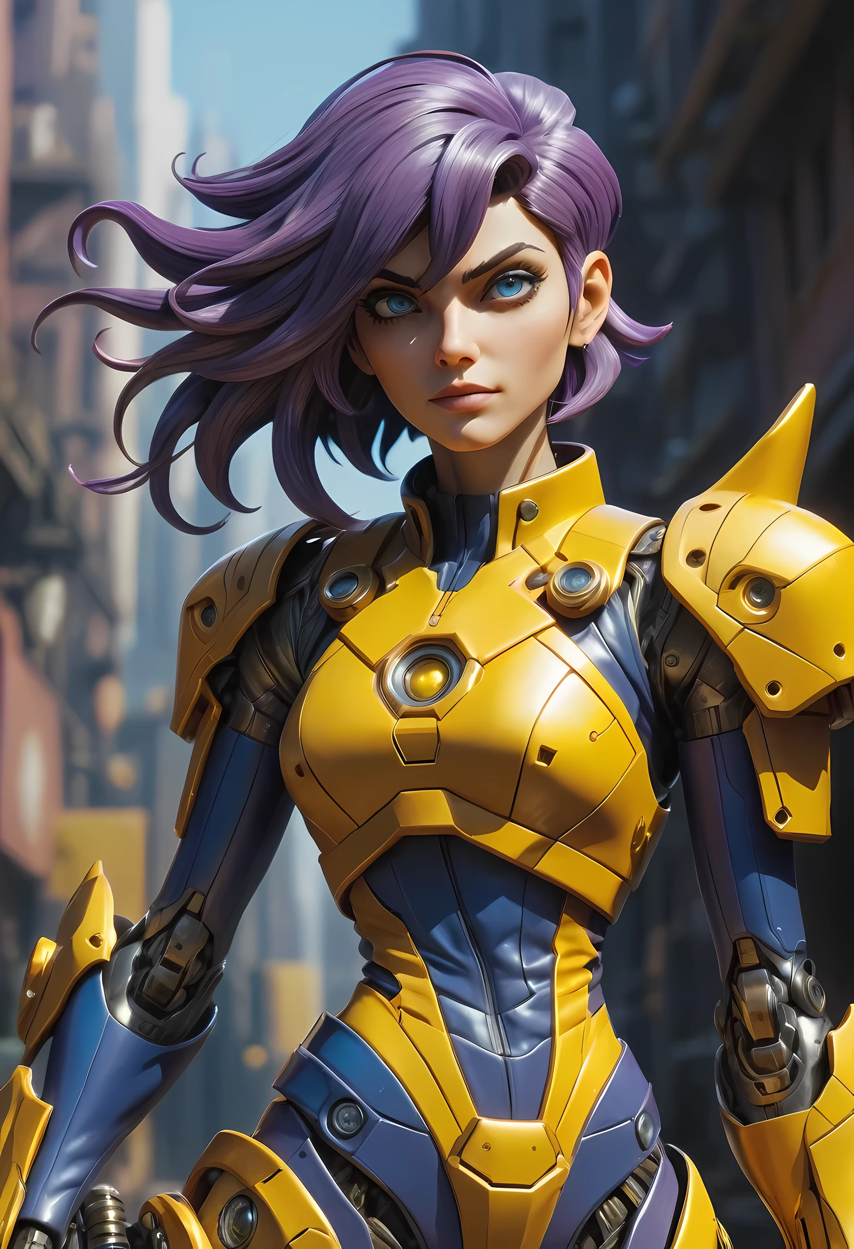 high details, best quality, 16k, [ultra detailed], masterpiece, best quality, (extremely detailed), dynamic angle, ultra wide shot, RAW, photorealistic, realistic art, a picture of mech Faye Valentine from Bebop Cowboy (intricate details, Masterpiece, best quality: 1.5) riding motorcycle, wearing yellow armor, (intricate details, Masterpiece, best quality: 1.4), leather boots, thick hair, short hair, purple hair, intense (blue: 1.3) eyes, futuristic urban background sun light, golden light. dynamic angle, (intricate details, Masterpiece, best quality: 1.5) , 2.5 rendering, high details, best quality, highres, ultra wide angle