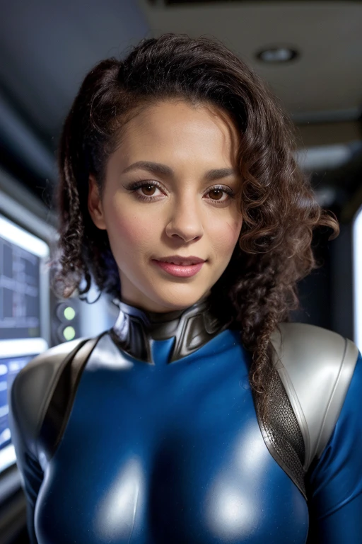 black woman in a latex blue Starfleet uniform, detailed facial features, strong posture, confident expression, Aristic photograph, Hollywood action movie cinematic film still of etremally beautiful 20 years old ebony woman as a futuristic soldier, solo, wearing futuristic dark blue and black armor without helmet, medium length curly and black hair, dark eyes, highly detailed and realistic hair, standing in command center of space station, (medium full body shot:1.2), slim body, small breasts, flatchested, perfect teeth, shy smile, narrowed eyes, film grain, visible mimic wrinkles, skin pores, looking at the viewer,
masterpiece, absurdres, portrait, detailed skin texture, detailed eyes, full lips, ultra sharp, bokeh, (high quality), 4k,futuristic background, vibrant colors, realistic lighting, professional quality (4k resolution, high-res), sci-fi art style, beautiful eyes, defined lips, trademark hair, authoritative presence, confident stance, sharp focus, strong and determined personality