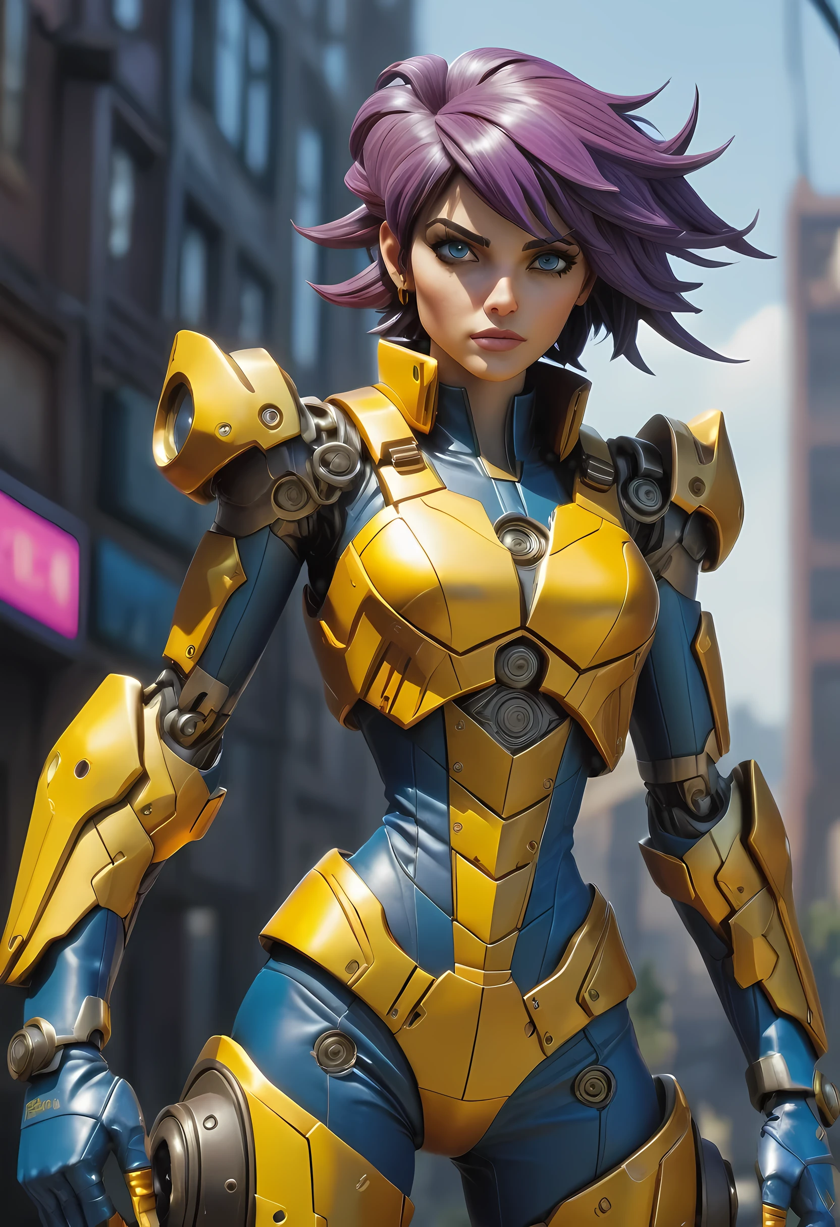 high details, best quality, 16k, [ultra detailed], masterpiece, best quality, (extremely detailed), dynamic angle, ultra wide shot, RAW, photorealistic, realistic art, a picture of mech Faye Valentine from Bebop Cowboy (intricate details, Masterpiece, best quality: 1.5) riding motorcycle, wearing yellow armor, (intricate details, Masterpiece, best quality: 1.4), leather boots, thick hair, short hair, purple hair, intense (blue: 1.3) eyes, futuristic urban background sun light, golden light. dynamic angle, (intricate details, Masterpiece, best quality: 1.5) , 2.5 rendering, high details, best quality, highres, ultra wide angle