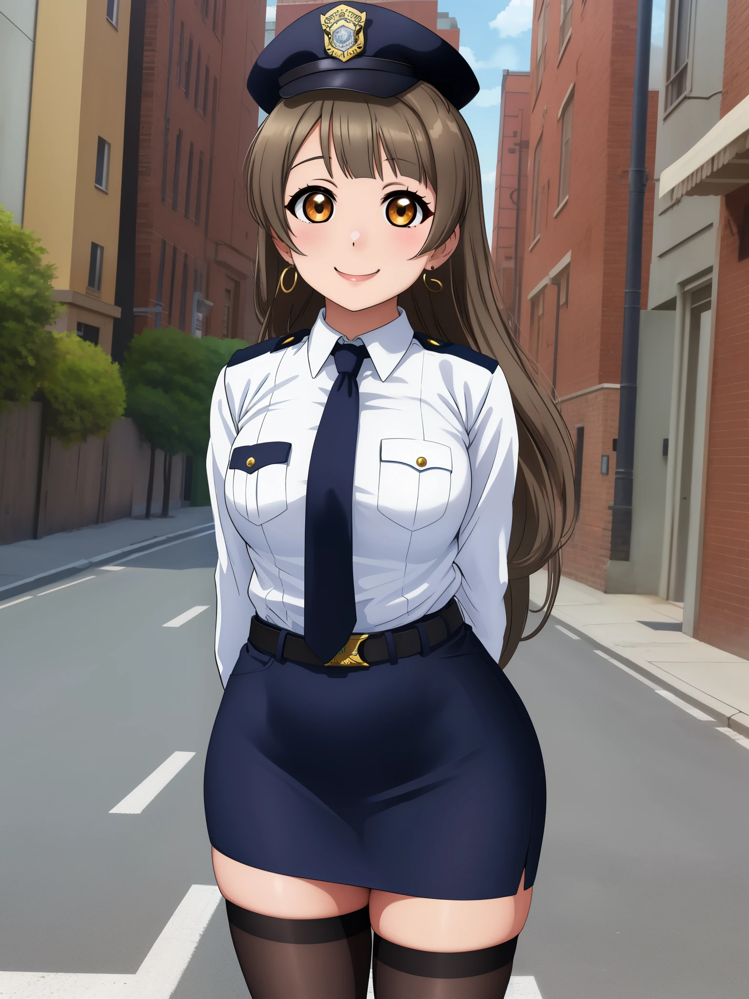 Masterpiece, best quality,solo, (detailed face), minami kotori, curvy body, smile ,white shirt,half sleeves,earrings, pencil skirt, necktie , standing,police cap,in street,looking at viewer, cowboy shot, thighs, wide hips , arms behind back ,solo focus ,belt, thighhighs 