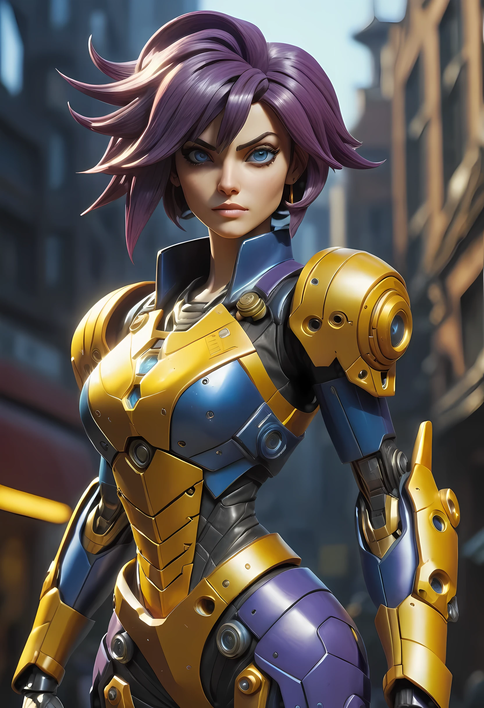 high details, best quality, 16k, [ultra detailed], masterpiece, best quality, (extremely detailed), dynamic angle, ultra wide shot, RAW, photorealistic, realistic art, a picture of mech Faye Valentine from Bebop Cowboy (intricate details, Masterpiece, best quality: 1.5) riding motorcycle, wearing yellow armor, (intricate details, Masterpiece, best quality: 1.4), leather boots, thick hair, short hair, purple hair, intense (blue: 1.3) eyes, futuristic urban background sun light, golden light. dynamic angle, (intricate details, Masterpiece, best quality: 1.5) , 2.5 rendering, high details, best quality, highres, ultra wide angle