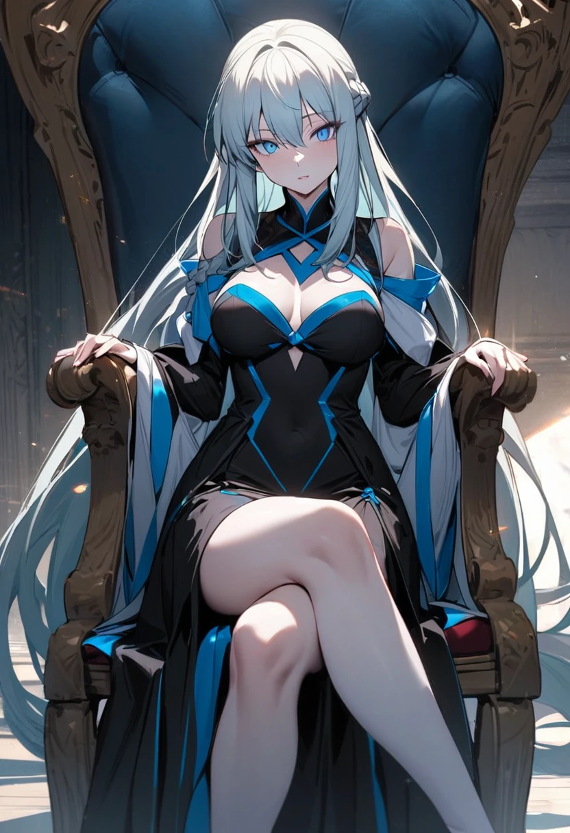 ((highest quality)),masterpiece, One woman, morgan le fay (destiny), chest, solo, Long Hair, ((blue eyes,Slit eyes,sharp eyes)),tall, View your viewers, Robe, Braiding, Black Dress,dignity,Sitting in a chair,Crossing your legs,