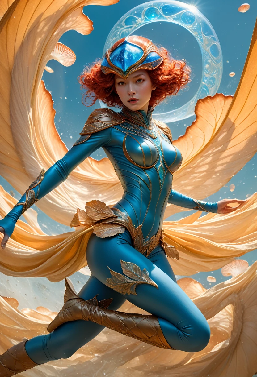 (best quality,4k,8k,highres,masterpiece:1.2),ultra-detailed,(realistic,photorealistic,photo-realistic:1.37), HDR,UHD,studio lighting,ultra-fine painting,sharp focus,physically-based rendering,extreme detail,art nouveau,tarot card style,wide angle, Dynamic angle and composition,(action shot:1.5),dynamic pose, (raging facial expression),RileyReidQuiron woman, ((A humanoid female alien is using a long sword to cut a shadow beast in half:1.5)),(wearing a intricate biological exoskeleton:1.5), red hair, (fractal designs), (wearing a fish-shaped glass helmet:1.37), (organic details adorned with beautiful gems:1.37),(wearing a translucent cloth cape in the shape of a leaf:1.4), Translucent petal-like cloth hangs from her waist, fantasy art, (sci-fi), concept art inspired by moebius, alien flora,(exotic alien flora background with bioluminescent fungi:1.6), dreamy lighting, vibrant colors,earthen and pale blue hues,Yoshitaka Amano style, intricate details, landscape, (otherworldly creatures), mesmerizing pattern, intricate helmet design, dreamlike atmosphere, mythical creatures, (surrealistic composition), trending on cgsociety