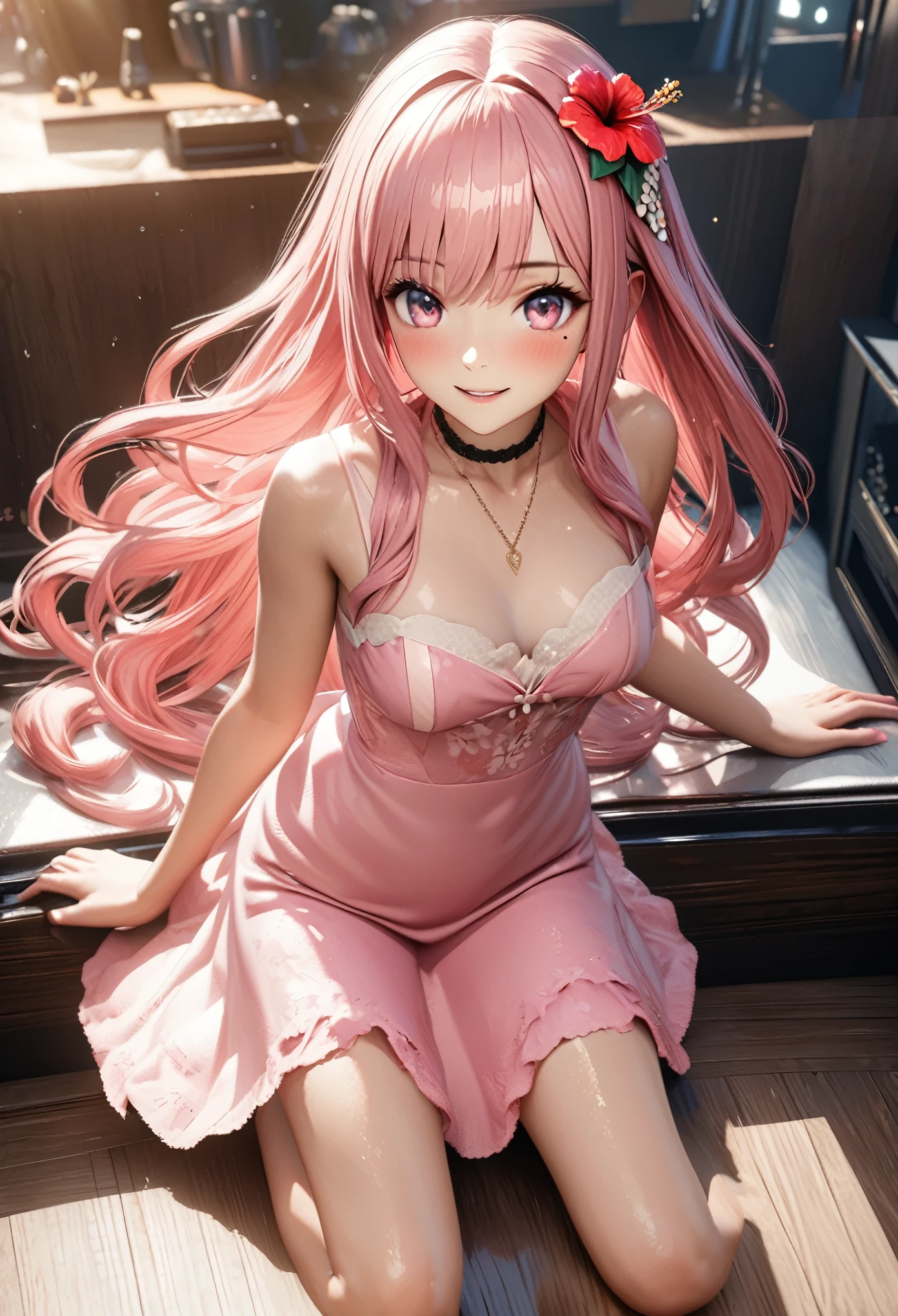 Masterpiece, Best Quality, Super Detailed, High Definition, Expensive Resolution, HDR, 4k, 8K, Unity 8k Wallpaper, Super Detailed CG, Masterpiece, Realistic, 2D, 3D, Beautiful Details, Depth, Fine Texture, Super Fine: 1.3, Complete concentration, crispy skin, him, a very cute anime rabbit, cute idol-like rabbit, expensive pink long hair, one girl, Hawaiian dress, hibiscus hair ornament, smiling long pink hair, whole body, mole under the eye, line of sight , expensive, blush, parted lips, heart, pink eyes, choker