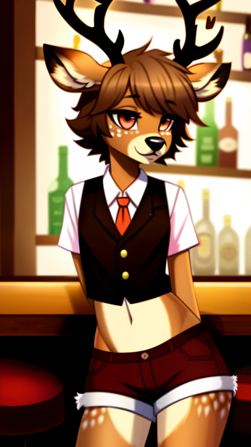 uploaded e621, Best quality, super detailed illustration, warm colors, Ideal lighting, better detail, (fluffy deer boy:1.4) , feminine face and body, disheveled thick hair, Bartender's clothes, short shorts, shirt, vest, black butterfly, Sleepy view, femboy, small waist, wide hips, slim, perfect body, style "DND", behind the bar,