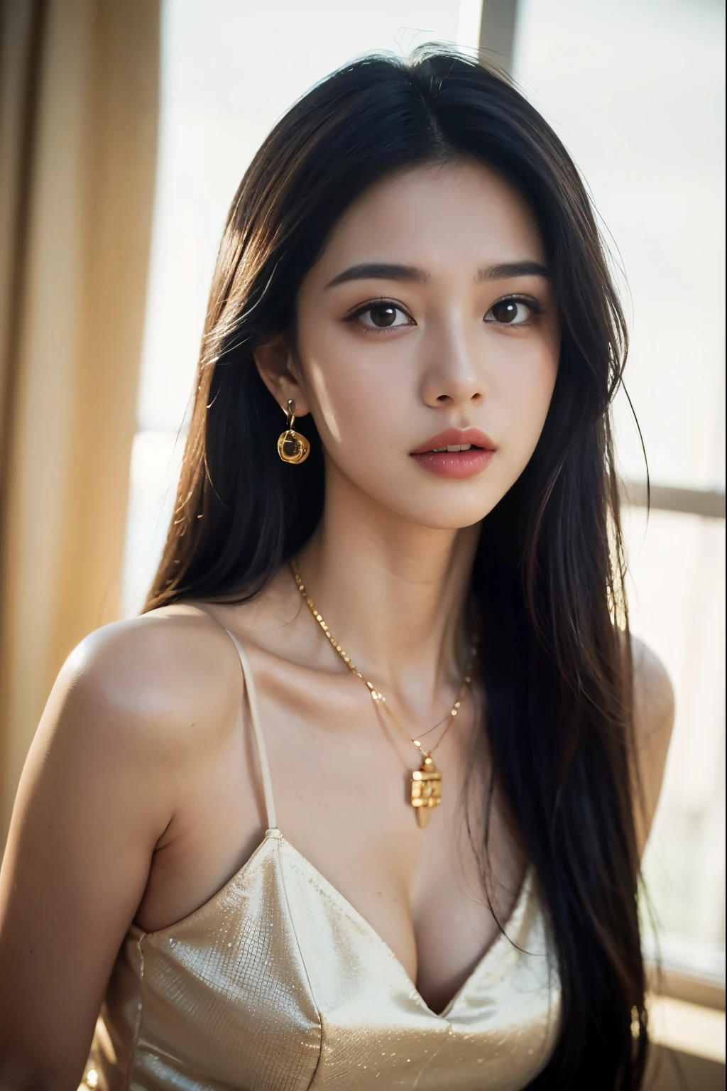 (masterpiece:1.3), (8 thousand, realistic, RAW photos, best quality: 1.4), (1 woman),(very sexy), (Beautiful makeover), (유난히 아름다운 realistic 얼굴), (Build a beautiful body) , (long eyelashes),  (double eyelid), (black hair. parted, long hair:1.3), (아름다운 parted스타일), (Realistic and truly beautiful and delicate eyes), (beautiful and big breasts), (realistic and beautiful skin), (absurd), (attractive), (ultra high resolution), (extremely realistic), (very detailed), (golden ratio),   (necklace),  (earring), (So beautiful and sexy)