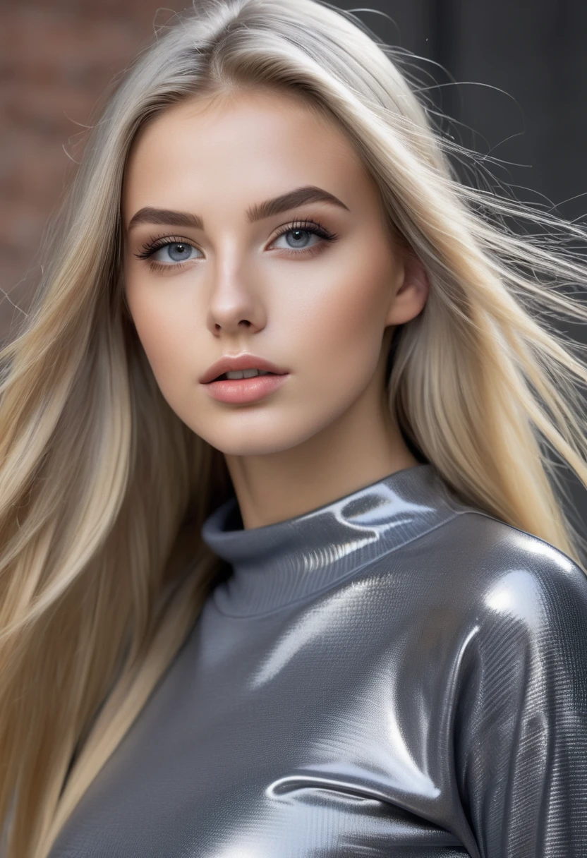 hyperrealistic beautiful 18-year-old women in grey sweater with shiny black latex shorts, model shooting photography, very long blonde straight hair, 8K, best quality, Meisterwerk, ultra high resolution, (Realismus: 1.4), Originalfoto, (realistische Hautstruktur: 1.3), (Filmkorn: 1.3), (Selfie-Winkel), 1 girl, Beautiful eyes and facial details, Meisterwerk, best quality,