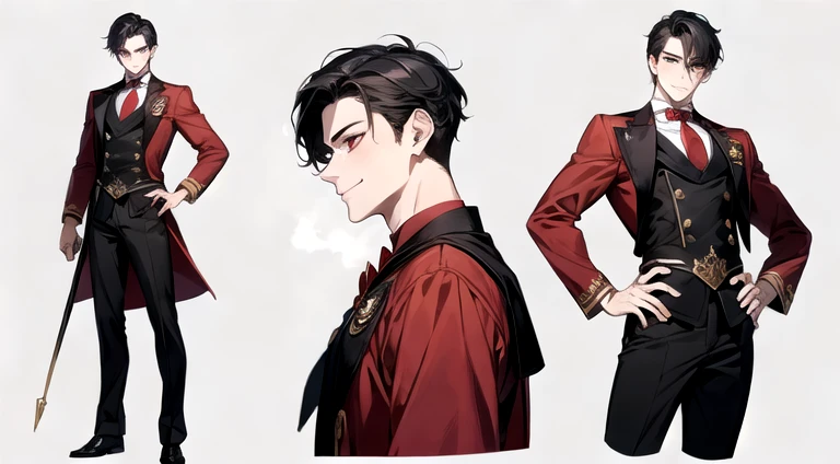 ((masterpiece)),(((best quality))),(character design sheet,same character,front,side,back), Reference sheet of a serious masculine male man, short black hair, red eyes, smiling, black sailor outfit with golden bows, red rose as accessory, detailed face, detailed hair, (simple background, white background: 1.3)