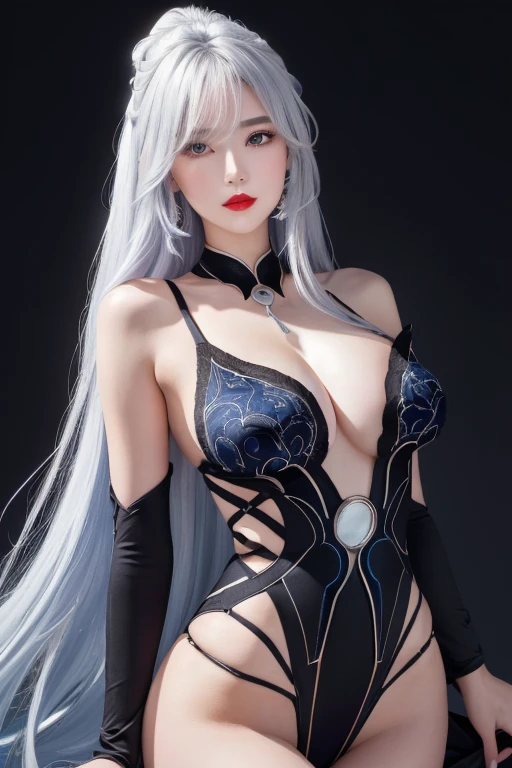 Anime Style、White skin、Gray Hair、Long Hair、Blue vein hair、Upward、Large and noticeable、Colorful gas expression、Captivating big 、feminine、High-frequency detail (((Sharpness)))、((Focus Sharp: 1.2 ) )、Pueros Face_v1: 0.7)、(8k、highest quality)、Very large chest light)))、Beautiful lighting、Highly detailed face、well drawn hands、Well drawn legs、Well drawn legs、Exposed chest、(masterpiece) : 1、2)、highest quality、masterpiece、High resolution、Original and detailed wallpapers、information: upper class、Business service、Red lipstick and black lips、dark red lipstick、dark red lipstick、ear piercing、Expensive Gemstones、Black Dress、tight black dress、Black bodysuit、A black dress that covers the shoulders and neck、Modern apartment background、Modern apartment background、Expensive necklace、Captivating appearance