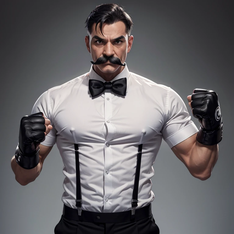 Dudley, street fighter character, white shirt with bow tie, black pants, black suspender, black boxing gloves, handlebar mustache, short hair, muscular body, age 50, 