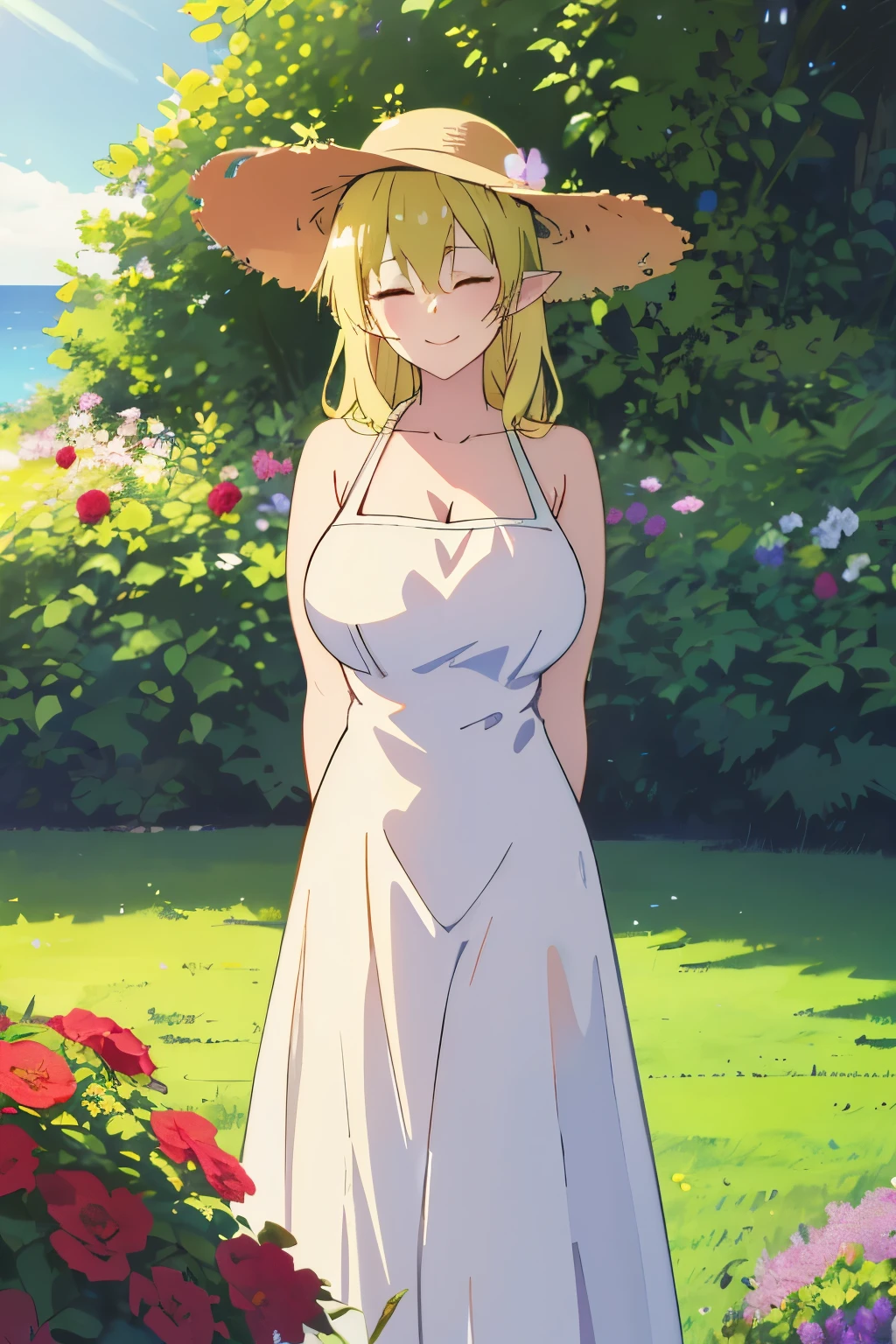 ((masterpiece)) Lucoa, elf, older woman, large breasts, ((very long flowing hair)), (((blonde hair))), ((huge straw summer hat)), long flowing dress, red and white dress, closed eyes, long elf ears, smile, light blush, looking at viewer, arms behind back, standing in lush garden, ocean landscape view , warm lighting, bright day, Cel-shaded, trees, flowers, ornate dress, backyard, over the shoulder, grass, flower bed, vines 