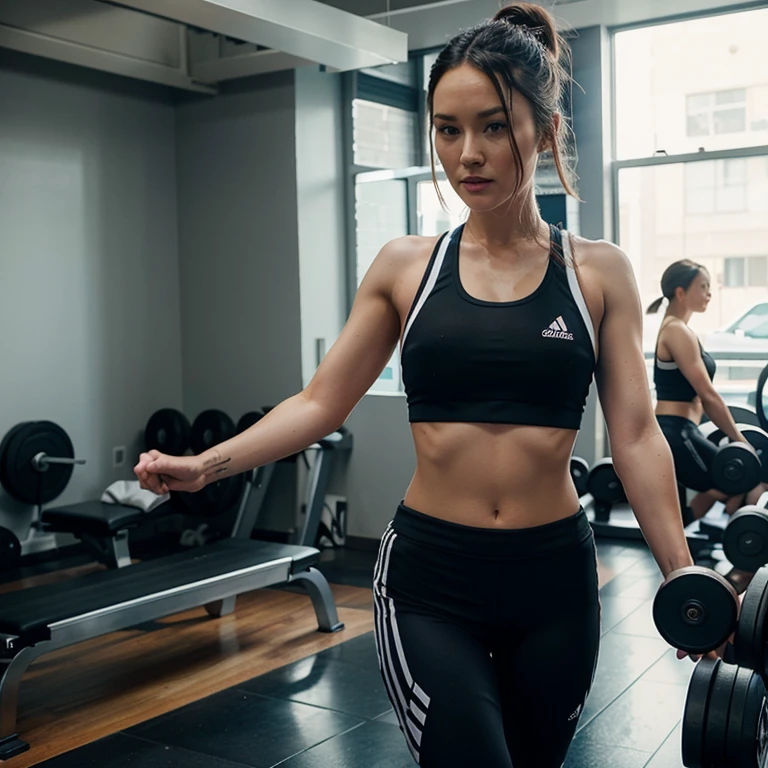 Pom Klementieff in the gym dressed in sportswear from the Adidas brand