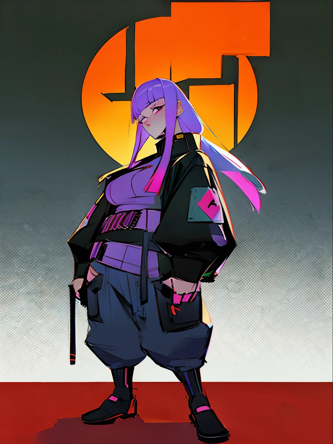 Women, street, harajuku style, street costume, cyberpunk streetwear, style of cyberpunk, cyberpunk character design, cargo pants, cyberpunk city, cyberpunk street goon, street wear jacket, standing